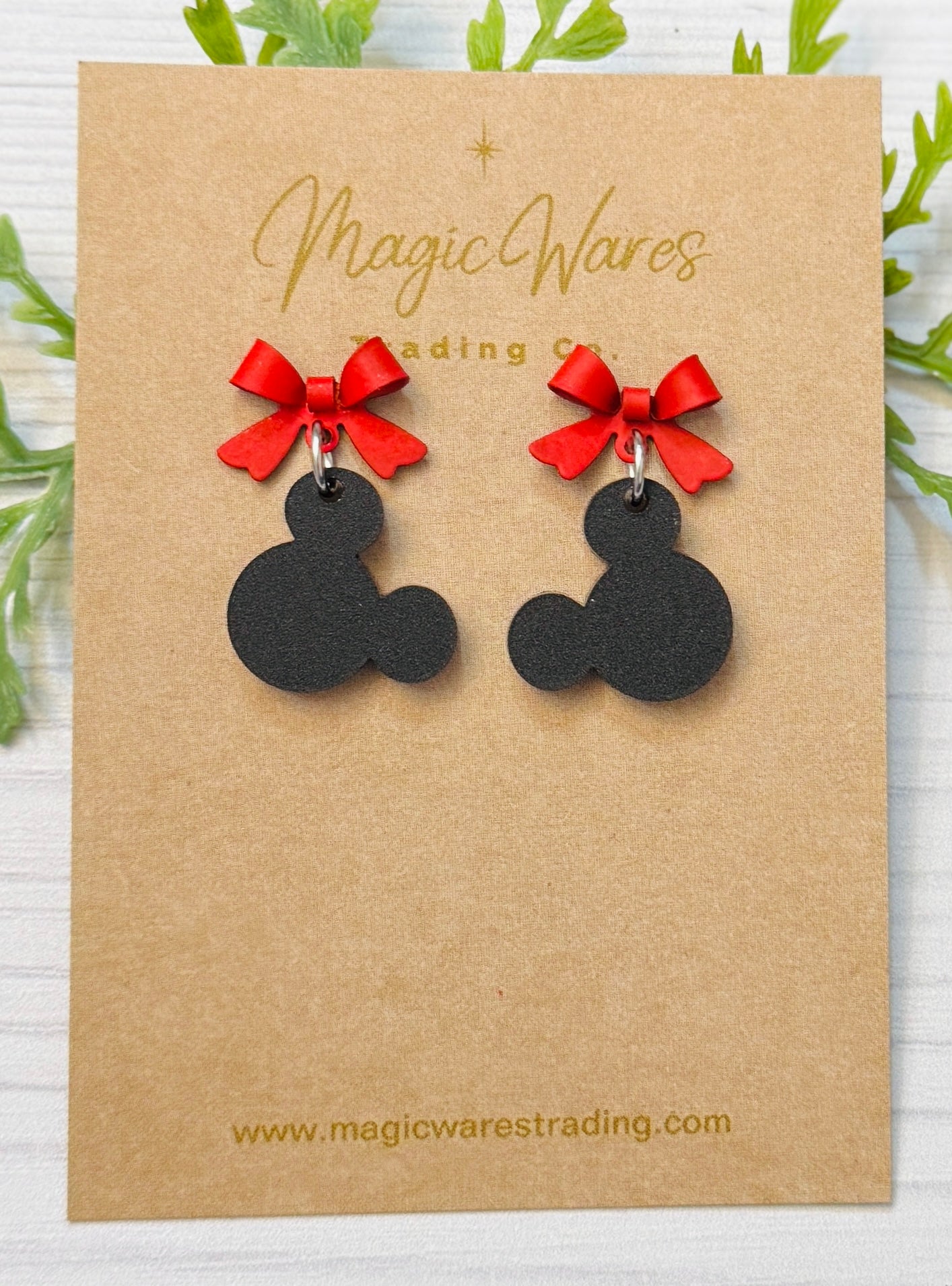 Red Bow Mouse Head Stud Earrings, Black Mouse Head Acrylic Gem, Valentines Day Earrings