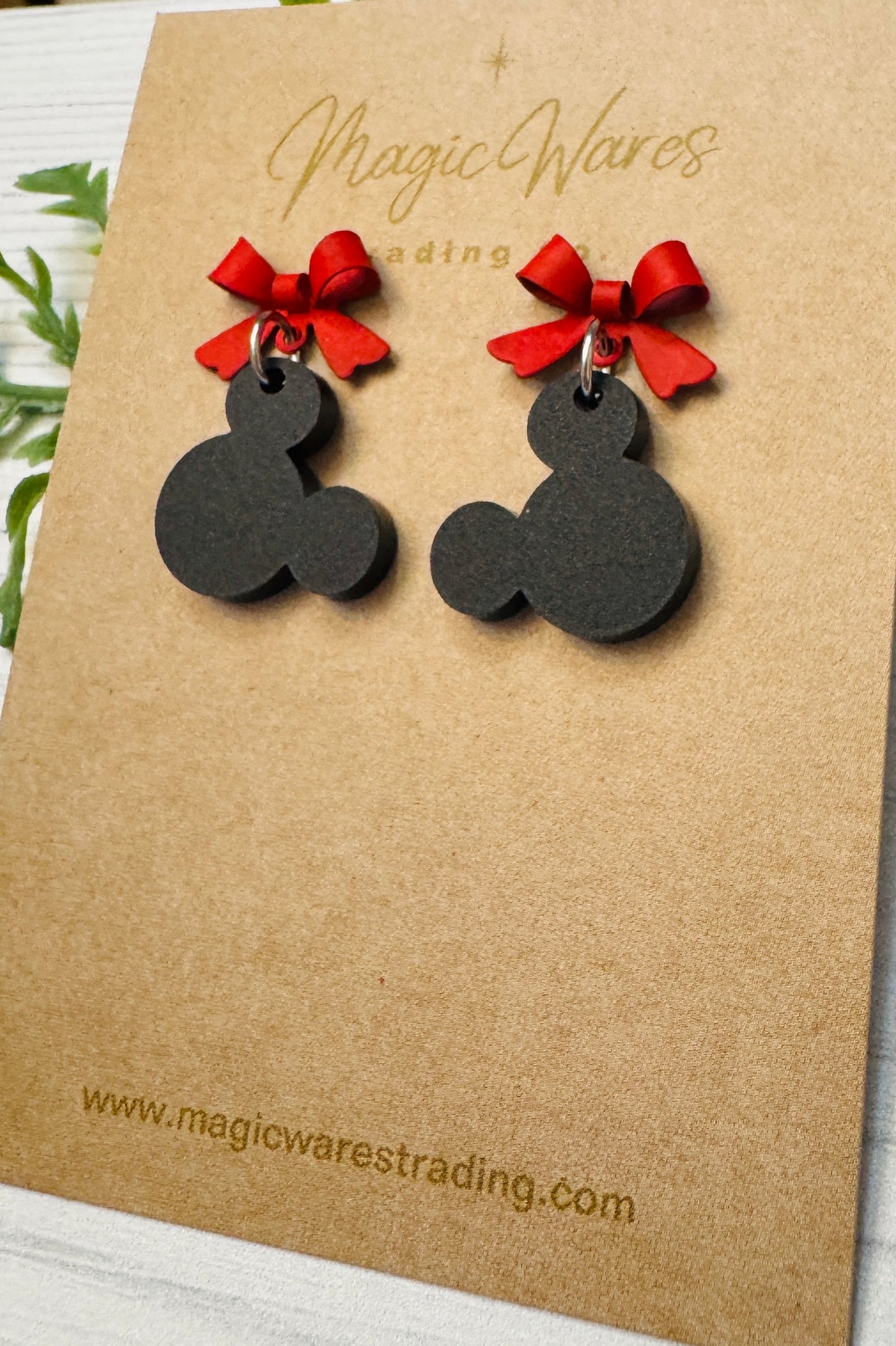Red Bow Mouse Head Stud Earrings, Black Mouse Head Acrylic Gem, Valentines Day Earrings