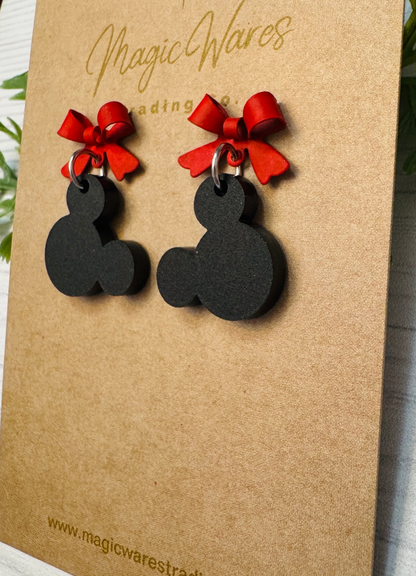 Red Bow Mouse Head Stud Earrings, Black Mouse Head Acrylic Gem, Valentines Day Earrings