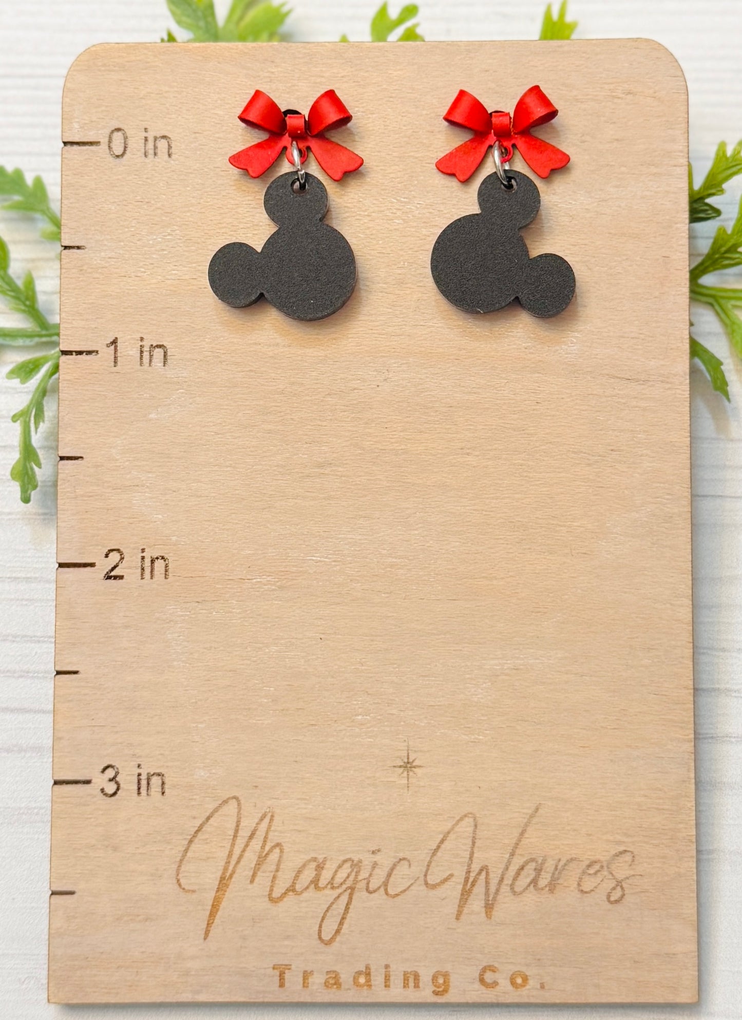 Red Bow Mouse Head Stud Earrings, Black Mouse Head Acrylic Gem, Valentines Day Earrings