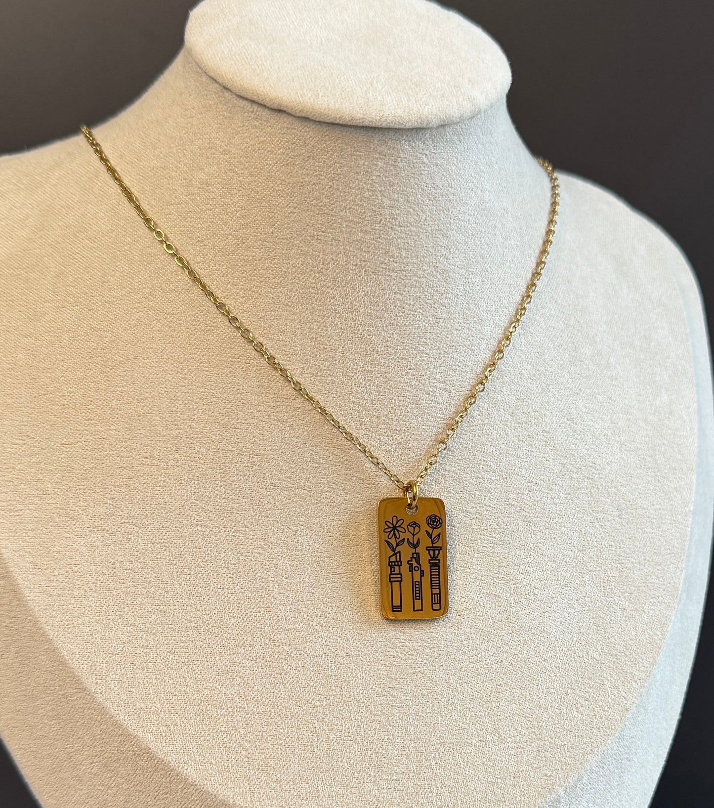 Floral Lightsabers Engraved Stainless Steel Necklace, Silver or Gold Laser Engraved Necklace, Personalized Jewelry Star Wars inspired