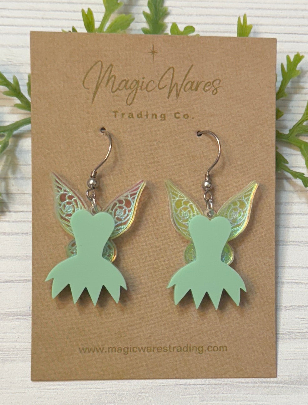 Fairy Dress Dangle Earrings, Laser cut Acrylic lightweight earrings, Tinkerbell inspired earrings