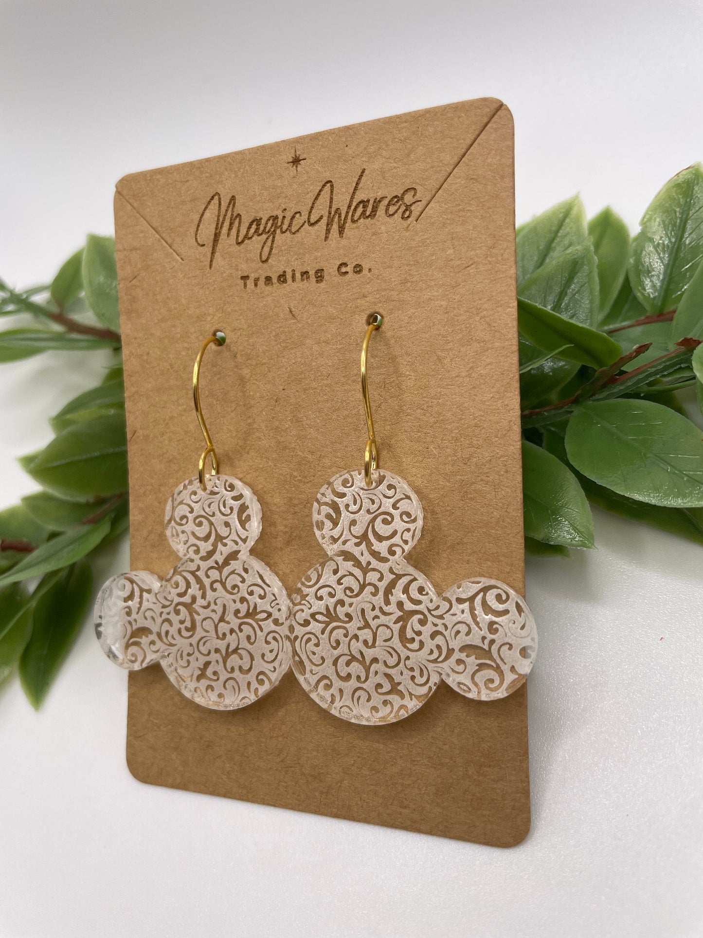 Swirly Mickey, Engraved Crystal Acrylic Earrings, Made to order, Laser Engraved, Glowforge Earrings