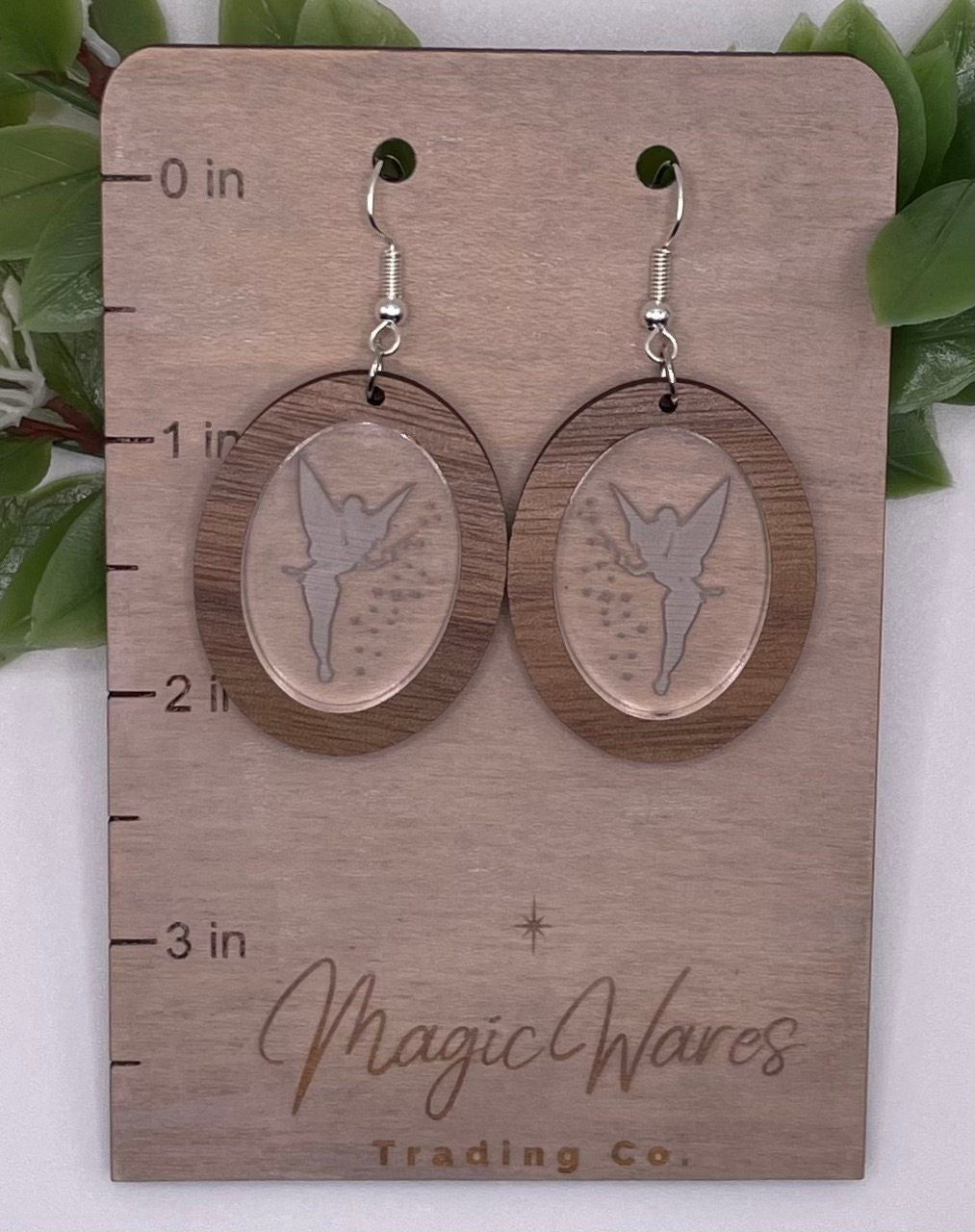 Pixie Dangle Earring Laser Cut Hardwood Engraved Crystal Acrylic Dangle Earrings Tinkerbell inspired earrings