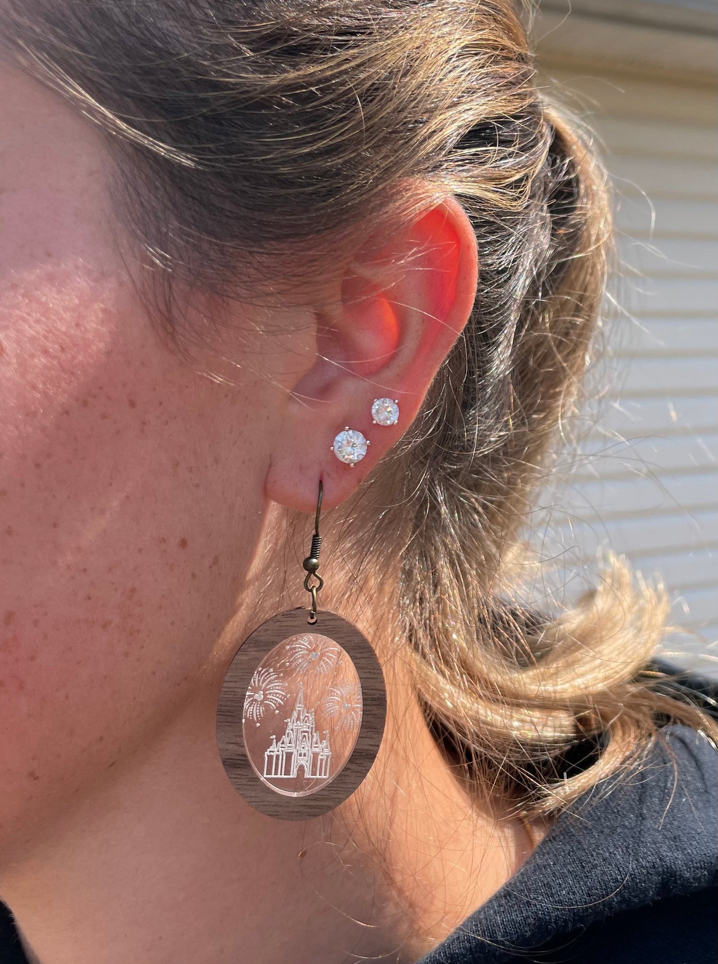 Cinderella Castle, Oval Laser Cut Walnut and Engraved Acrylic Dangle Earrings, Magic Kingdom inspired Cinderella Castle Earrings