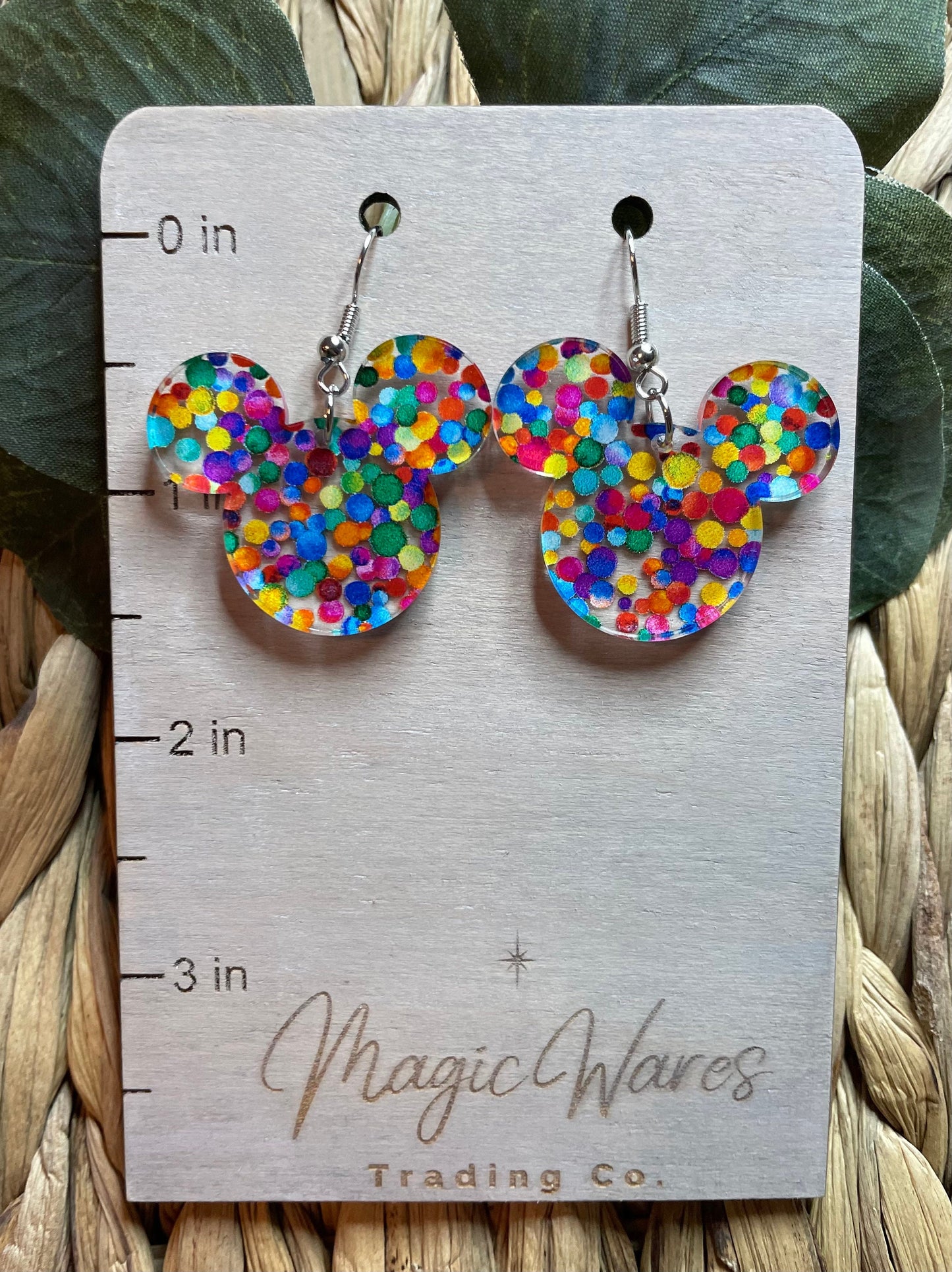 Adventure Mouse UP inspire Rainbow Dots Pattern Acrylic, Mouse head dangle earring UP Earrings