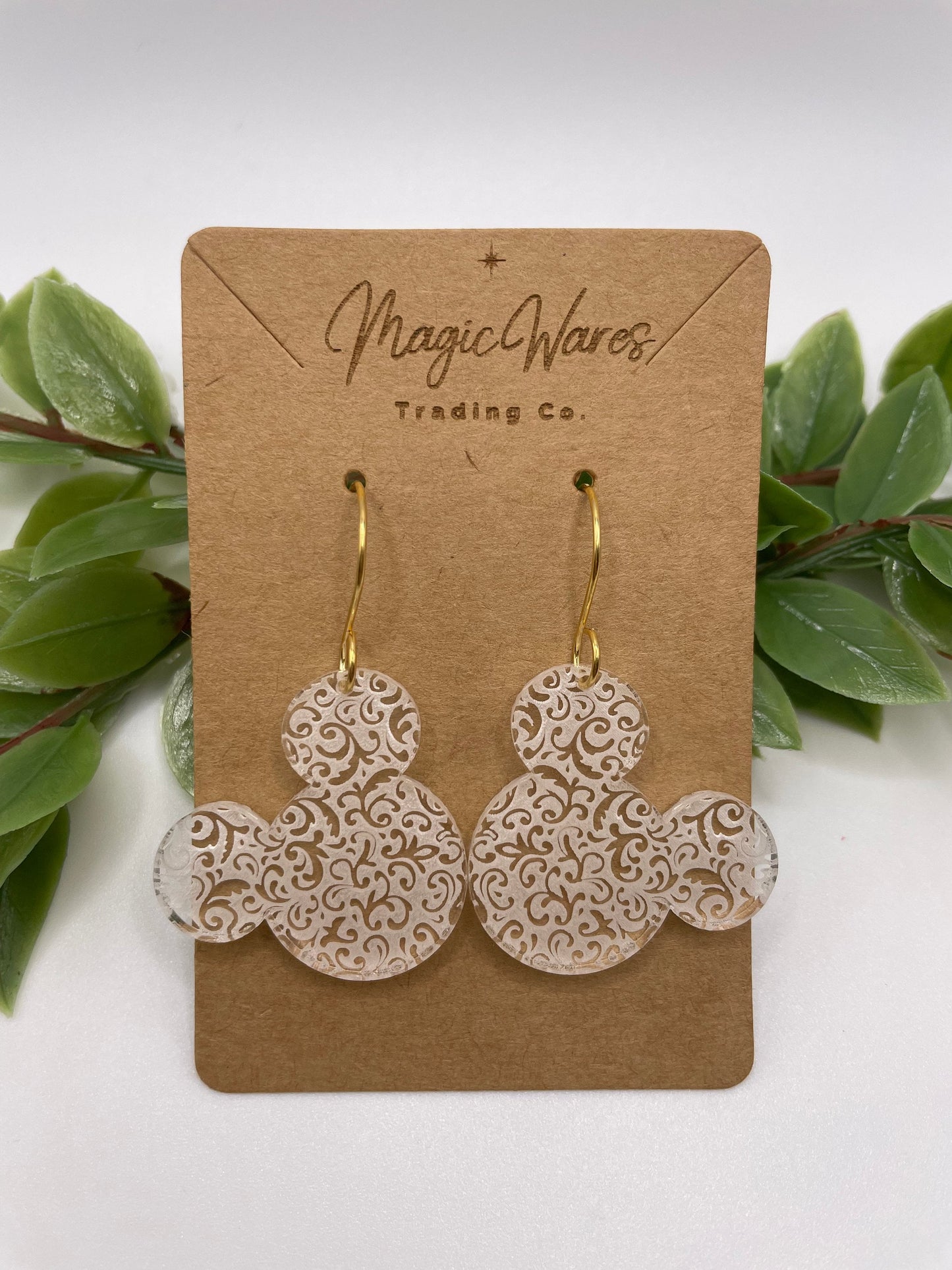 Swirly Mickey, Engraved Crystal Acrylic Earrings, Made to order, Laser Engraved, Glowforge Earrings