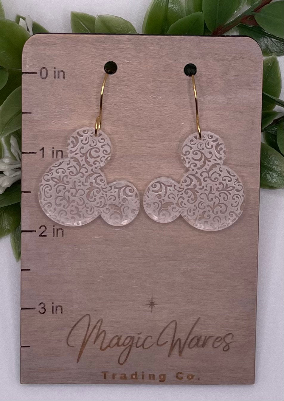 Swirly Mickey, Engraved Crystal Acrylic Earrings, Made to order, Laser Engraved, Glowforge Earrings