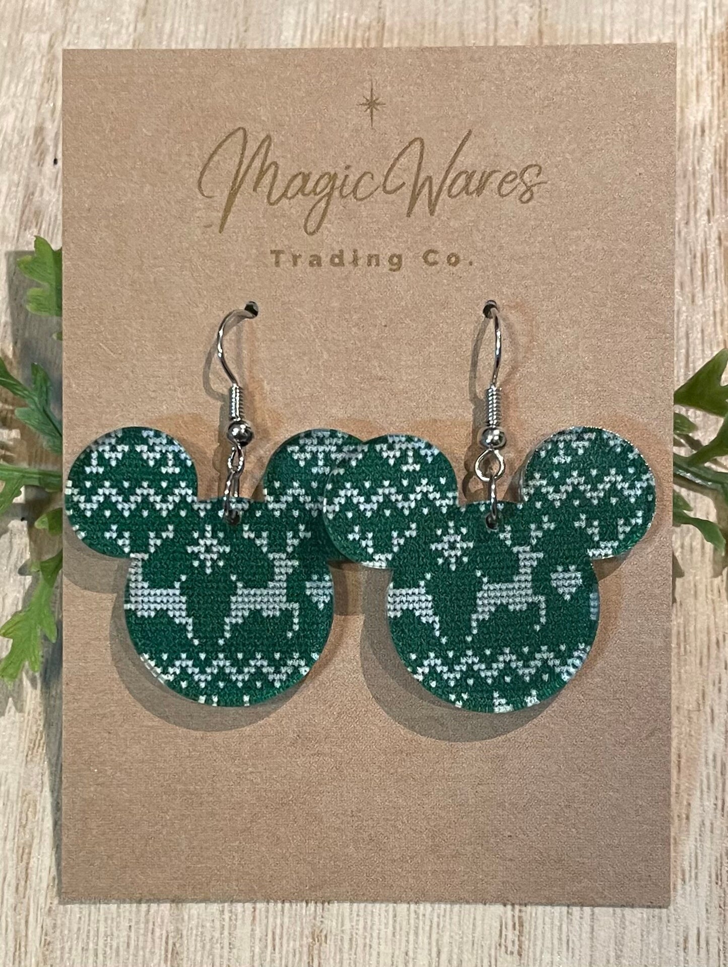 Green Ugly Sweater Mouse head Dangle earrings, Laser Cut Green Ugly Sweater patterned Crystal Acrylic Earrings, Christmas earrings