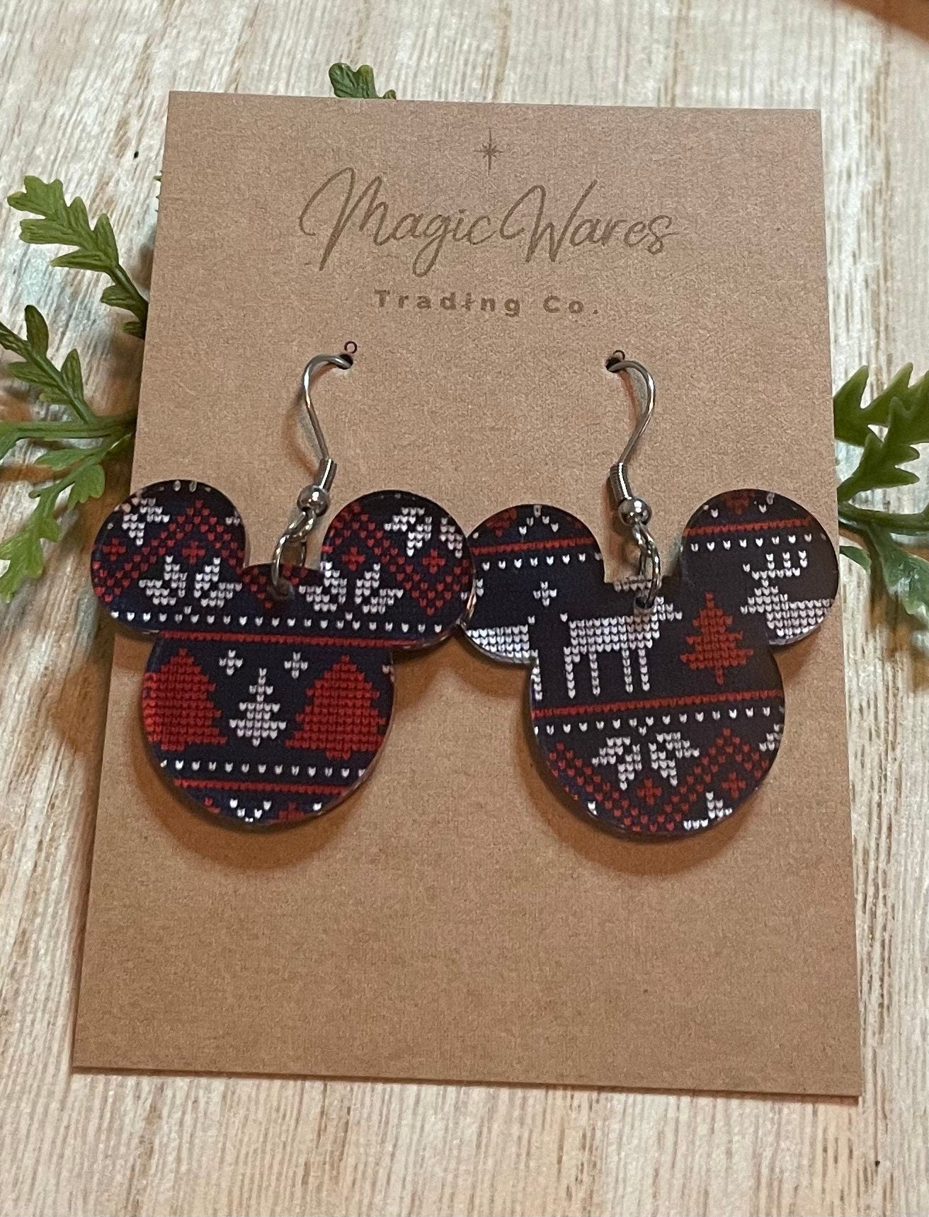 Blue Ugly Sweater Mouse head dangle earrings, Blue and Red Ugly Sweater patterned Acrylic Earrings, Christmas earrings
