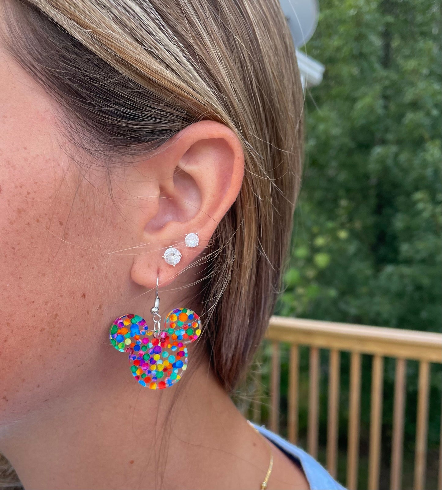 Adventure Mouse UP inspire Rainbow Dots Pattern Acrylic, Mouse head dangle earring UP Earrings