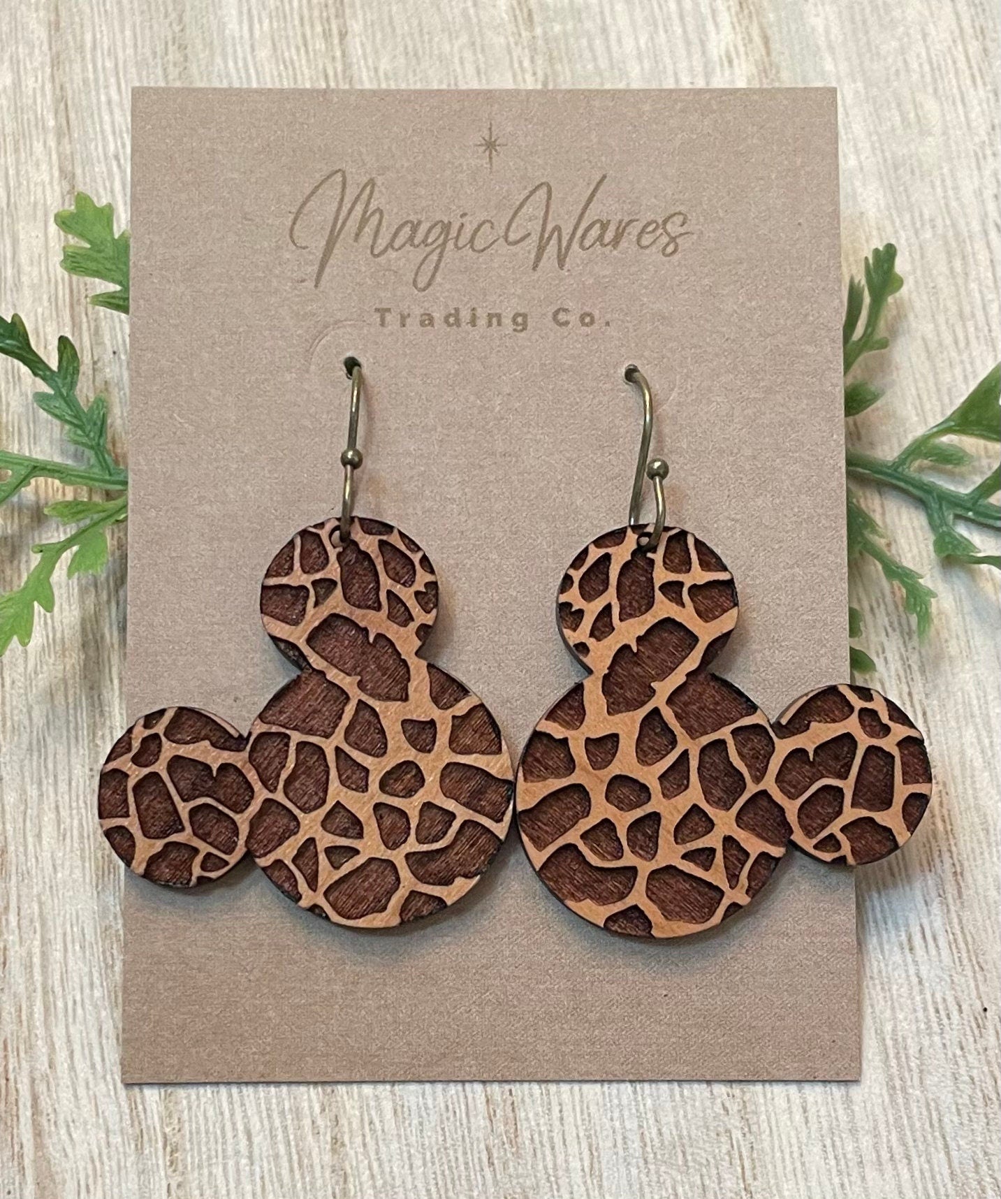 Giraffe Mouse, Laser Engraved Cherry Hardwood Dangle Earrings, Laser cut, Made to order, Handmade earrings