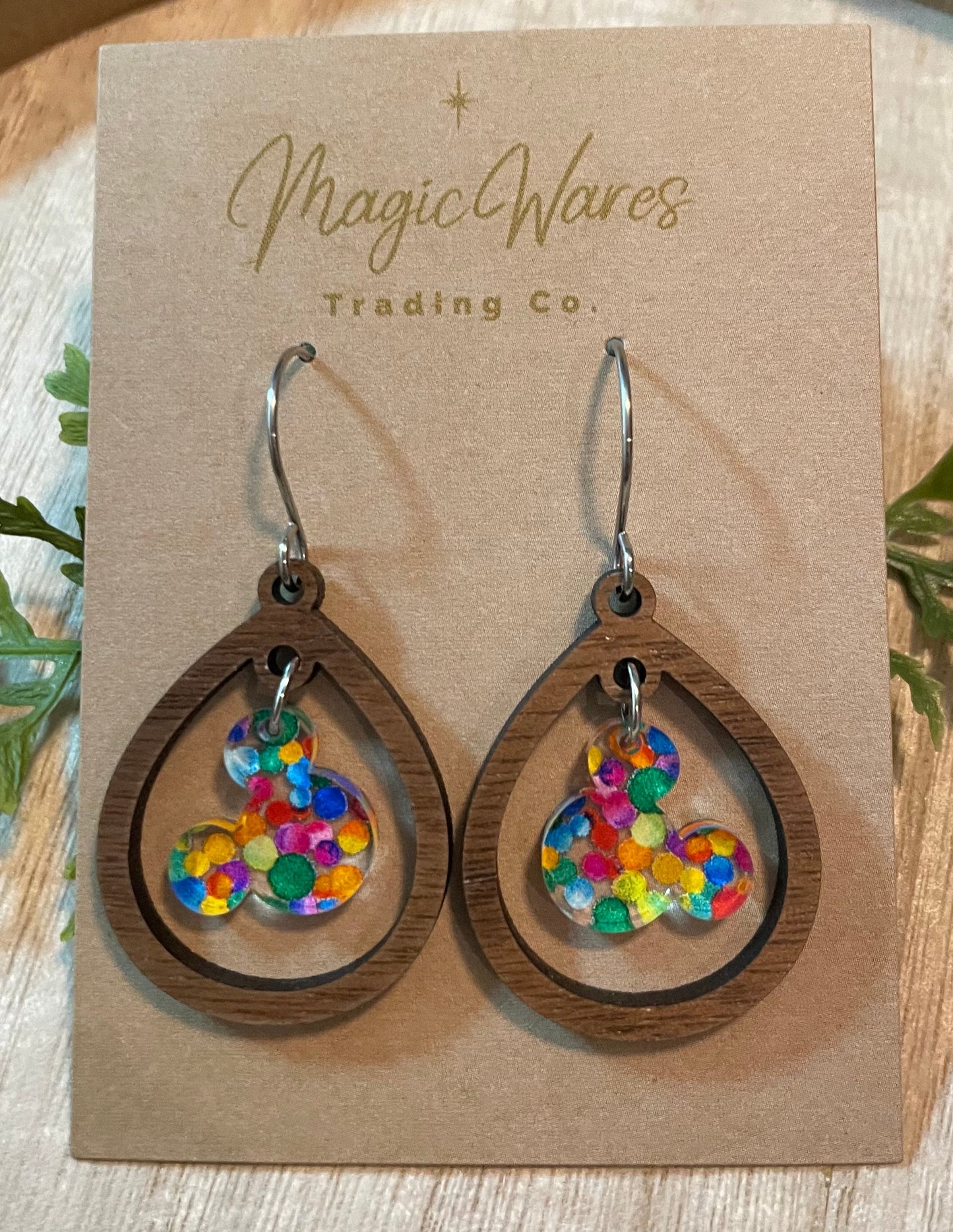 Adventure Mouse Gem, Rainbow Dot Gem Dangle Earring, Laser Cut Wood Dangle Earrings, Acrylic Gem Dangle, Made to order, Glowforge laser cut