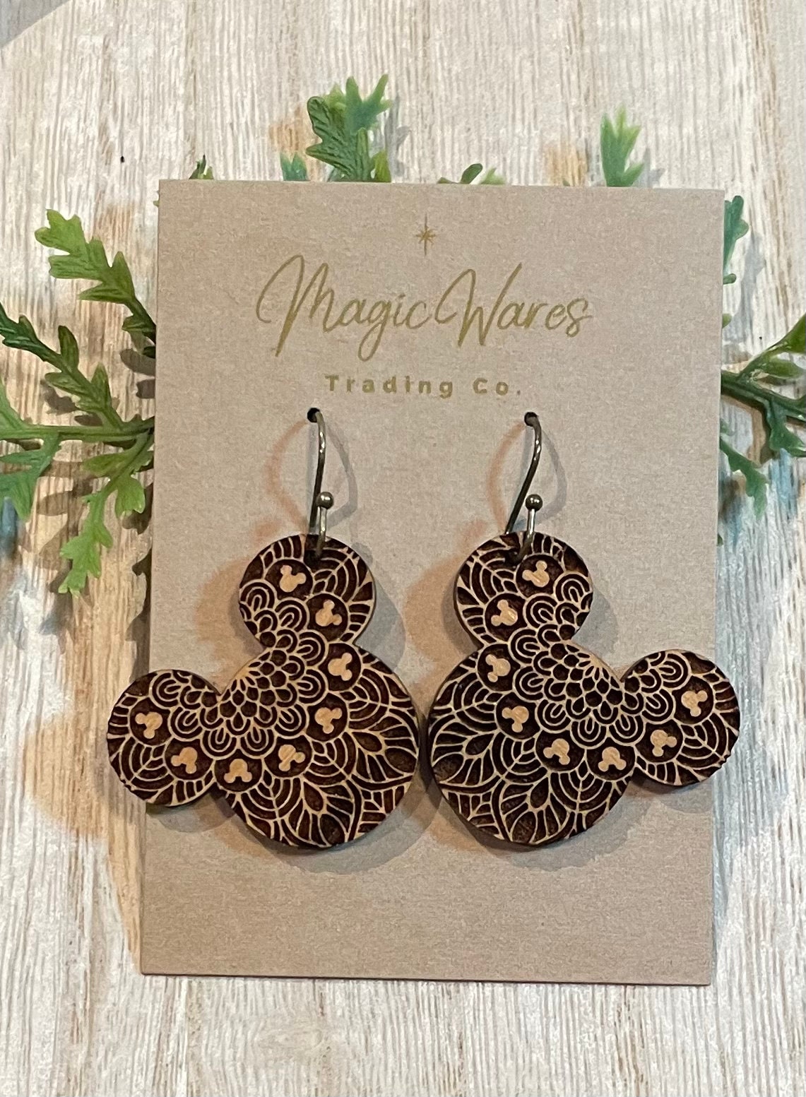 Mandala Mouse, Laser Cut and Engraved Cherry Wood Dangle Earrings, Made to order, Glowforge laser cut