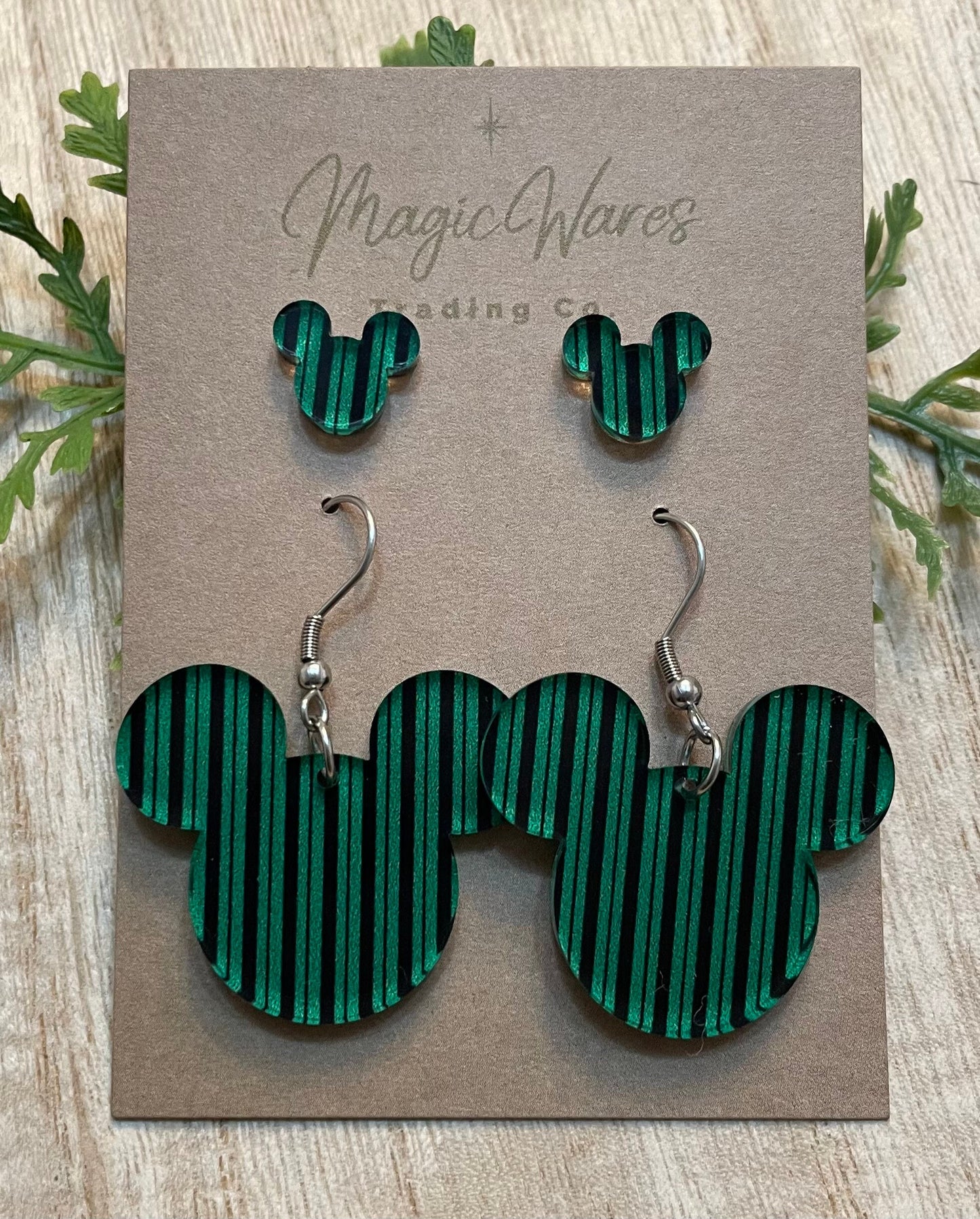 Mom and Me, Ghost Host, Stud and Dangle Laser cut Green Striped Pattern Acrylic Earring set, Made to order