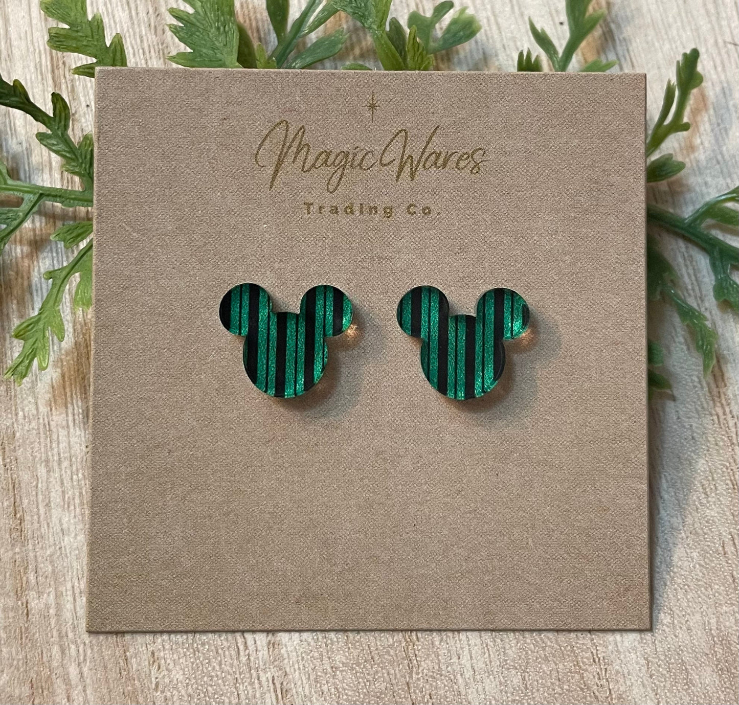 Ghost Host Stud, Green Striped pattern acrylic, Laser cut Earrings, Made to order, Laser Engraved, Glowforge Earrings