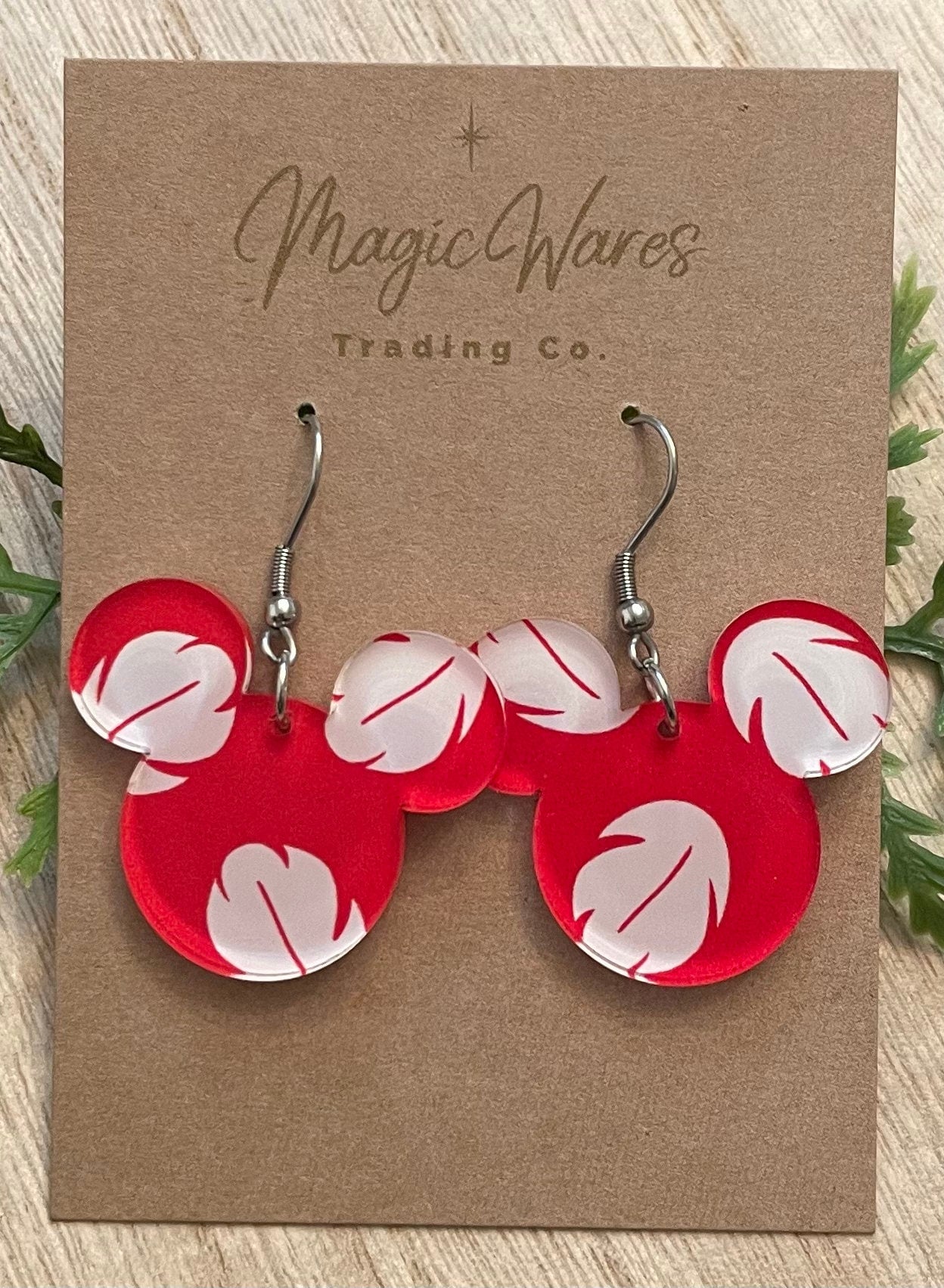 Hula Girl, Laser Cut, Red and White Hawaiian Flower patterned Crystal Acrylic Earrings, Dangle Earrings, Made to order, Glowforge Earrings