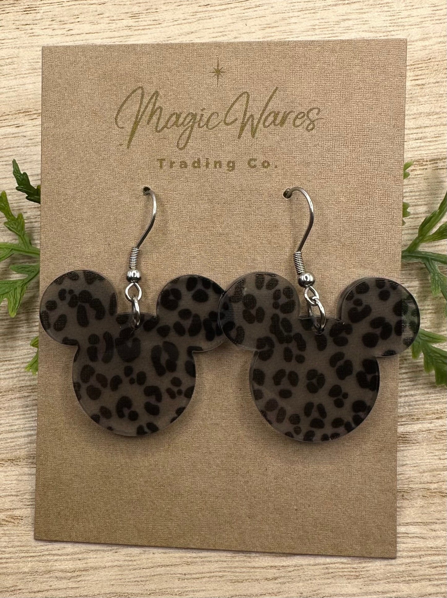 Gray Leopard, Laser Cut Dangle Earrings, Semi transparent Leopard acrylic, Mouse head Dangle Earrings, Made to order