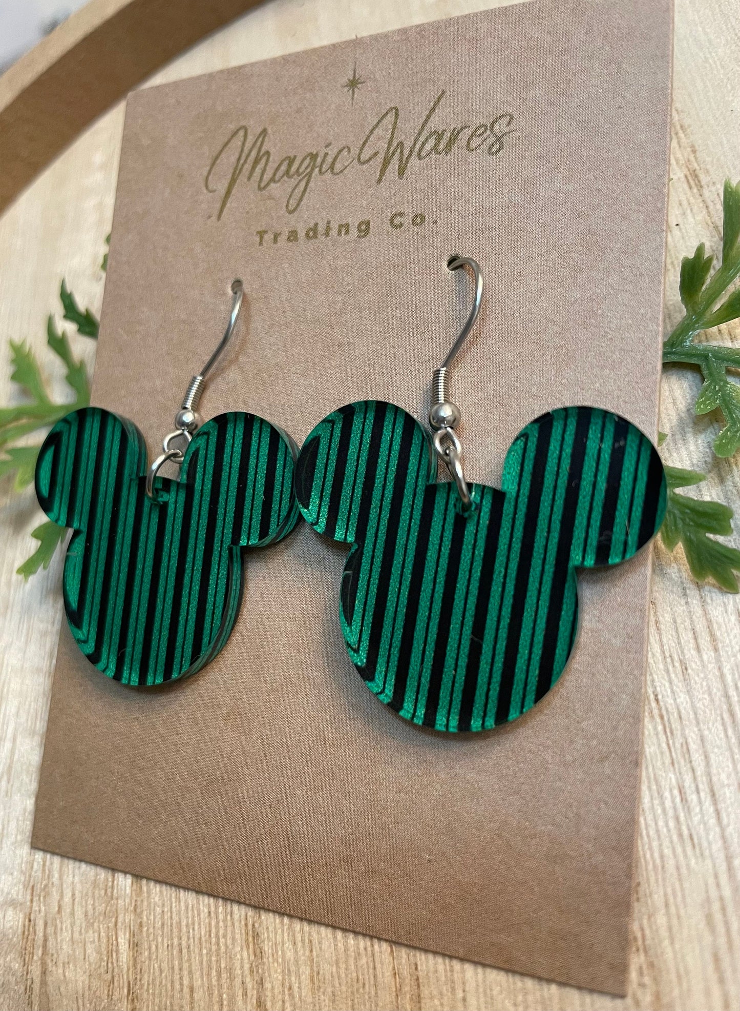 Ghost Host, Laser Cut, Green Striped patterned Crystal Acrylic Earrings, Dangle Earrings, Made to order, Glowforge Earrings