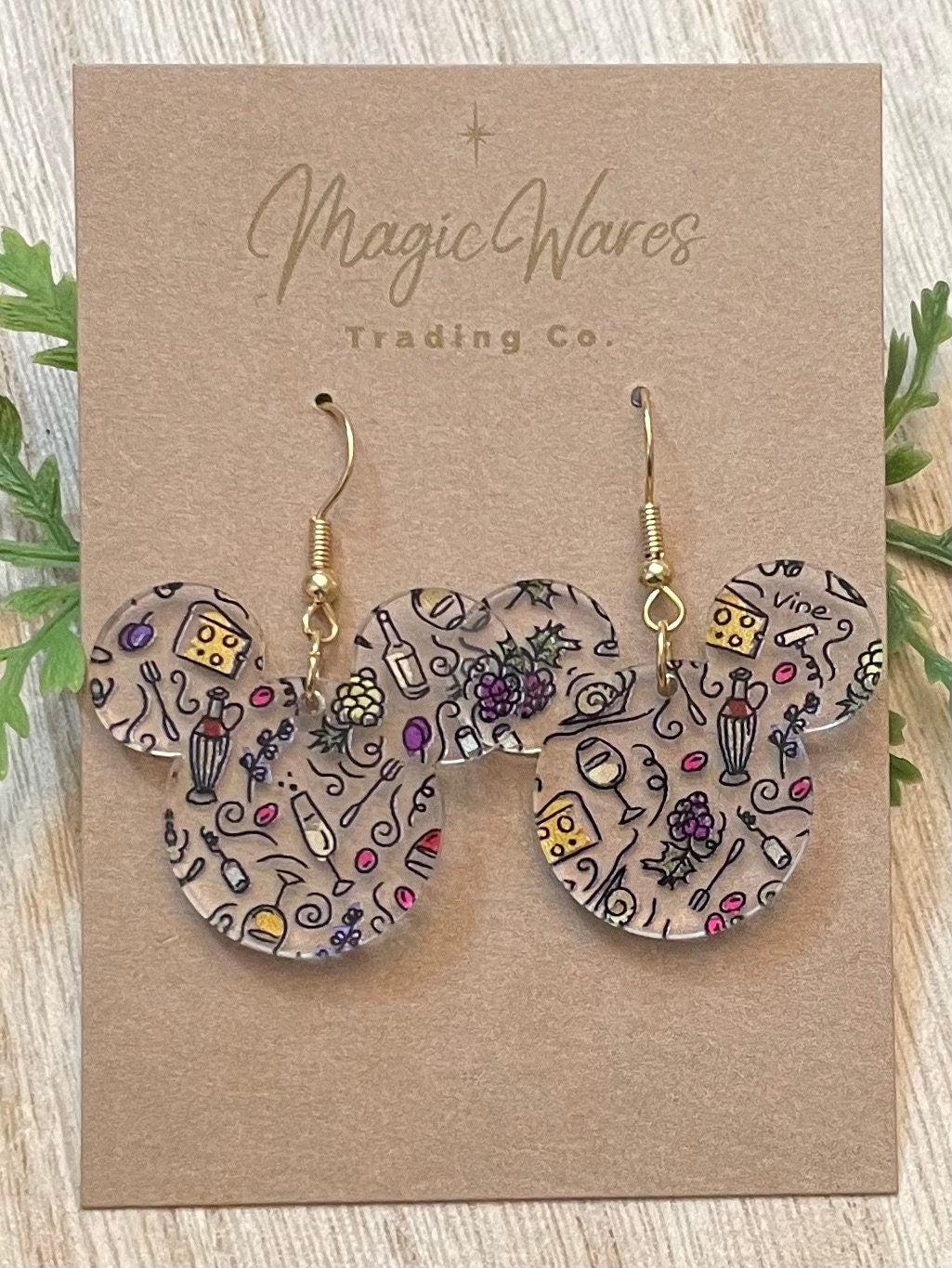 Food and Wine Mousehead Laser Cut Earrings, Patterned Crystal Acrylic Dangle Earrings, Food and Wine Festival Earrings