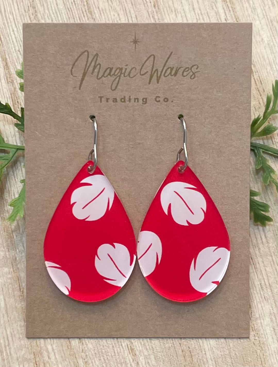 Hula Girl Teardrop Dangle Earrings, Custom Printed Red Hawaiian Flower Print Crystal Acrylic Lightweight Dangle Acrylic Earrings