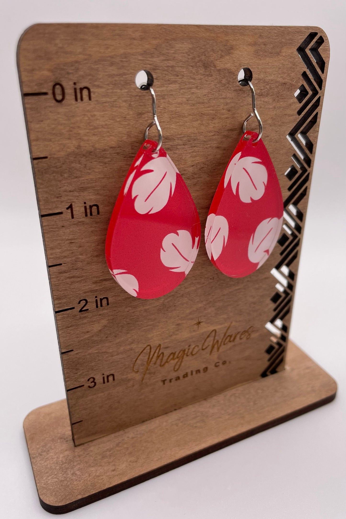 Hula Girl Teardrop Dangle Earrings, Custom Printed Red Hawaiian Flower Print Crystal Acrylic Lightweight Dangle Acrylic Earrings