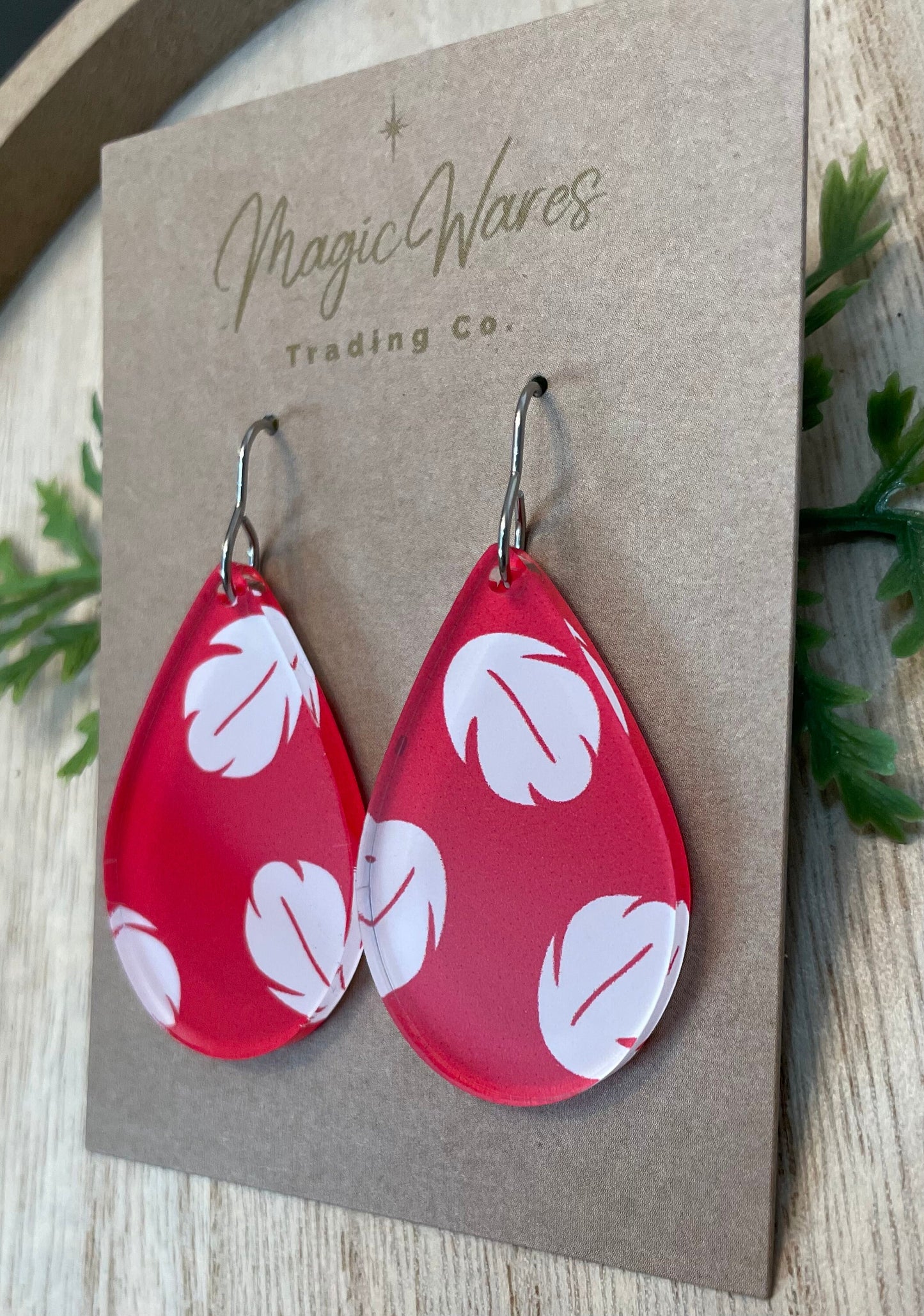 Hula Girl Teardrop Dangle Earrings, Custom Printed Red Hawaiian Flower Print Crystal Acrylic Lightweight Dangle Acrylic Earrings