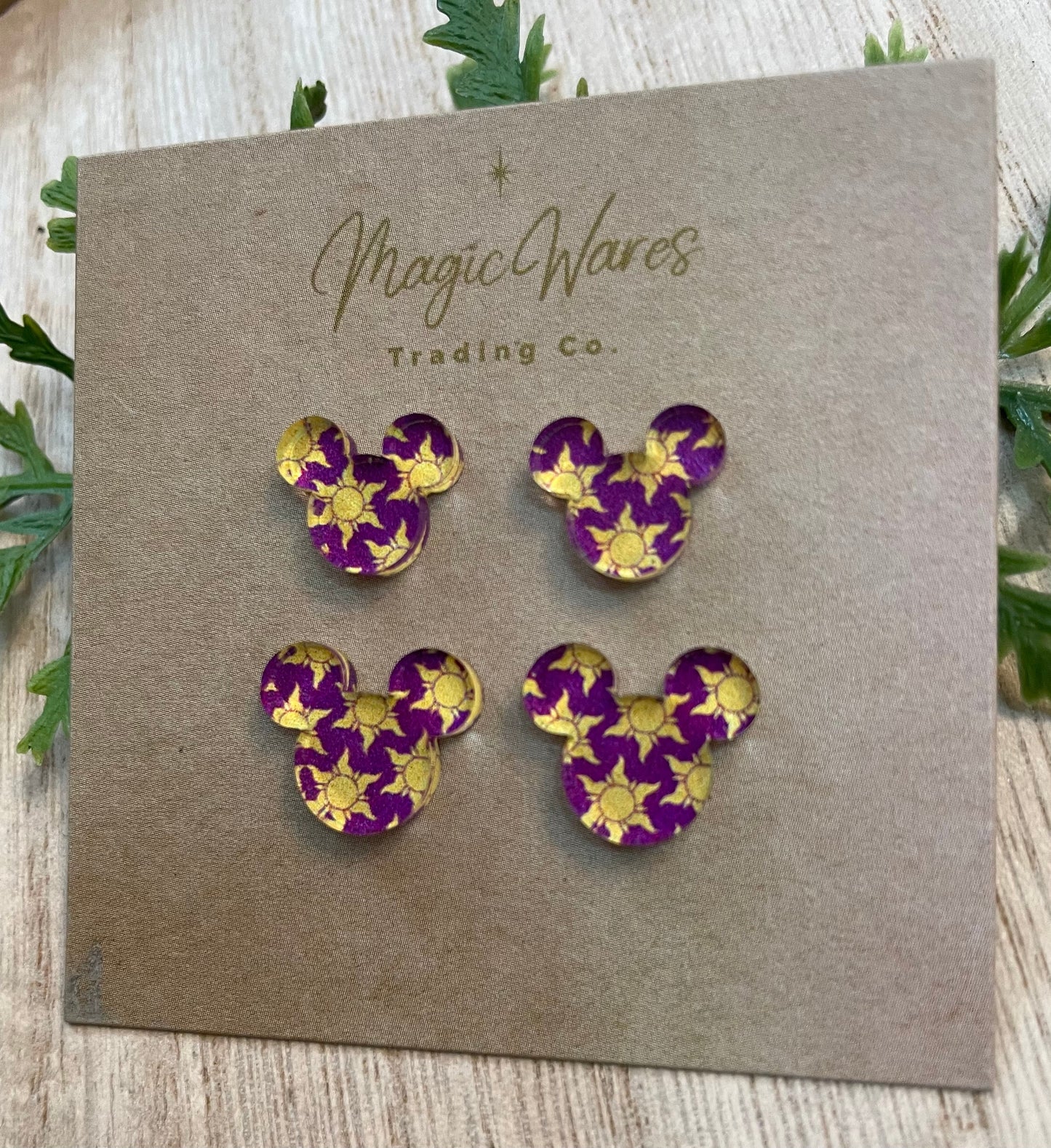 Mom and Me Lost Princess, Purple with Yellow Sun pattern crystal acrylic, Laser cut Earrings Pierced Earlobe Post back earrings