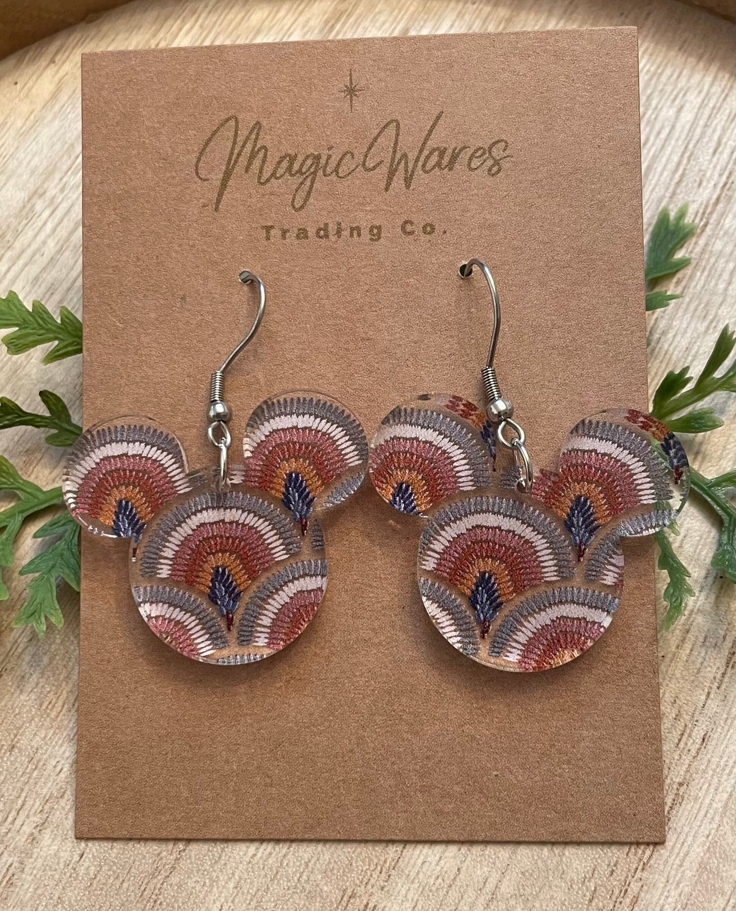 Boho Rainbow, Mouse Head Dangle Earring, Laser Cut Pattern Acrylic, Mickey head dangle earring