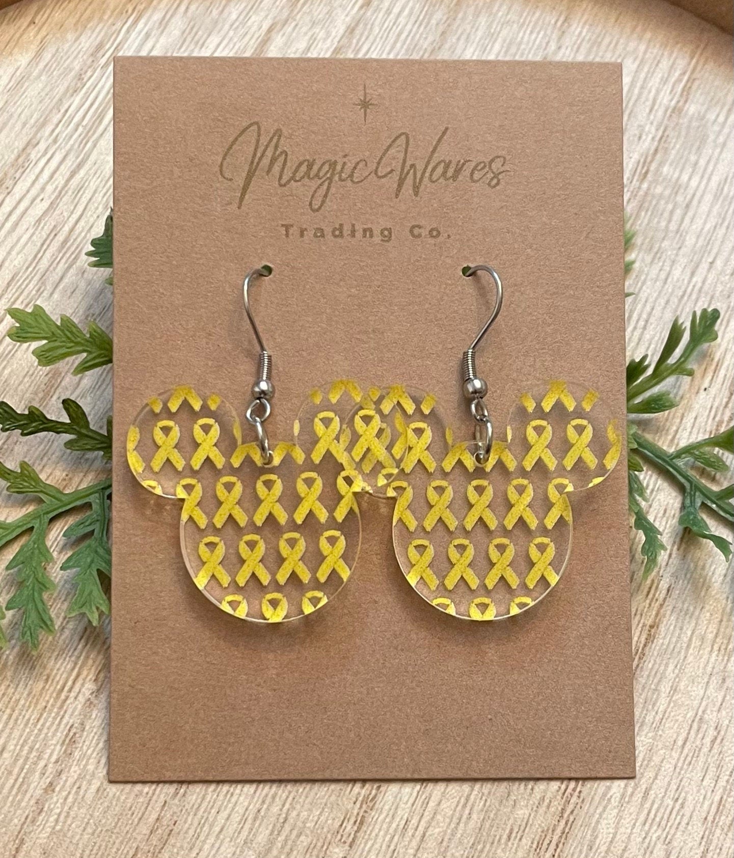 Yellow Ribbon, Mouse Head Dangle Earring, Laser Cut Pattern Acrylic, Handmade, Glowforge Laser cut