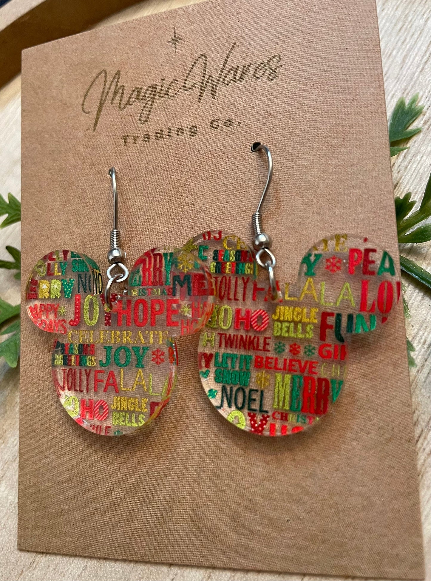 Holiday Greetings, Laser Cut, Holiday patterned Crystal Acrylic Earrings, Dangle Earrings, Made to order, Glowforge Earrings