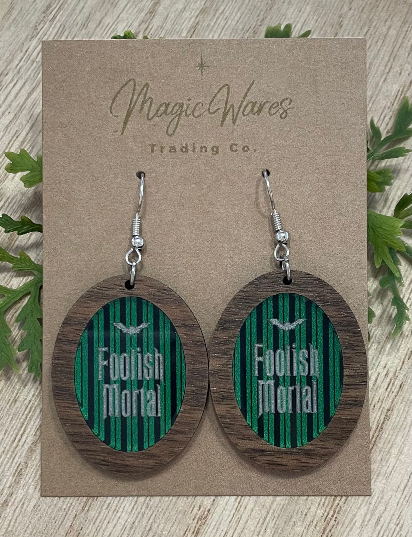 Foolish Mortal Wood Oval Earrings, Laser Cut Walnut and Engraved Acrylic Dangle Earrings Halloween Earrings, Haunted Mansion Earrings