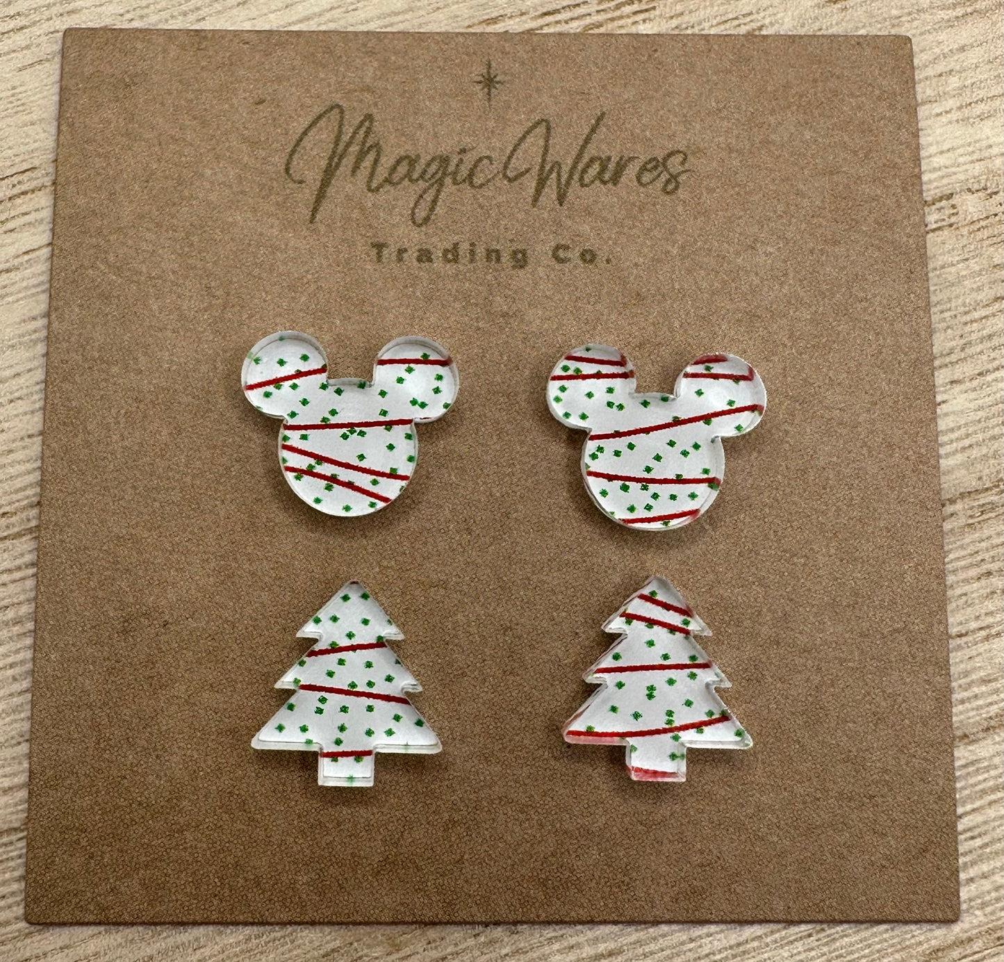 Snack Cake Combo Mouse and Tree shape, Laser Cut Snack Cake Pattern Crystal Acrylic Stainless Steel posts Pierced Earlobe Christmas earrings