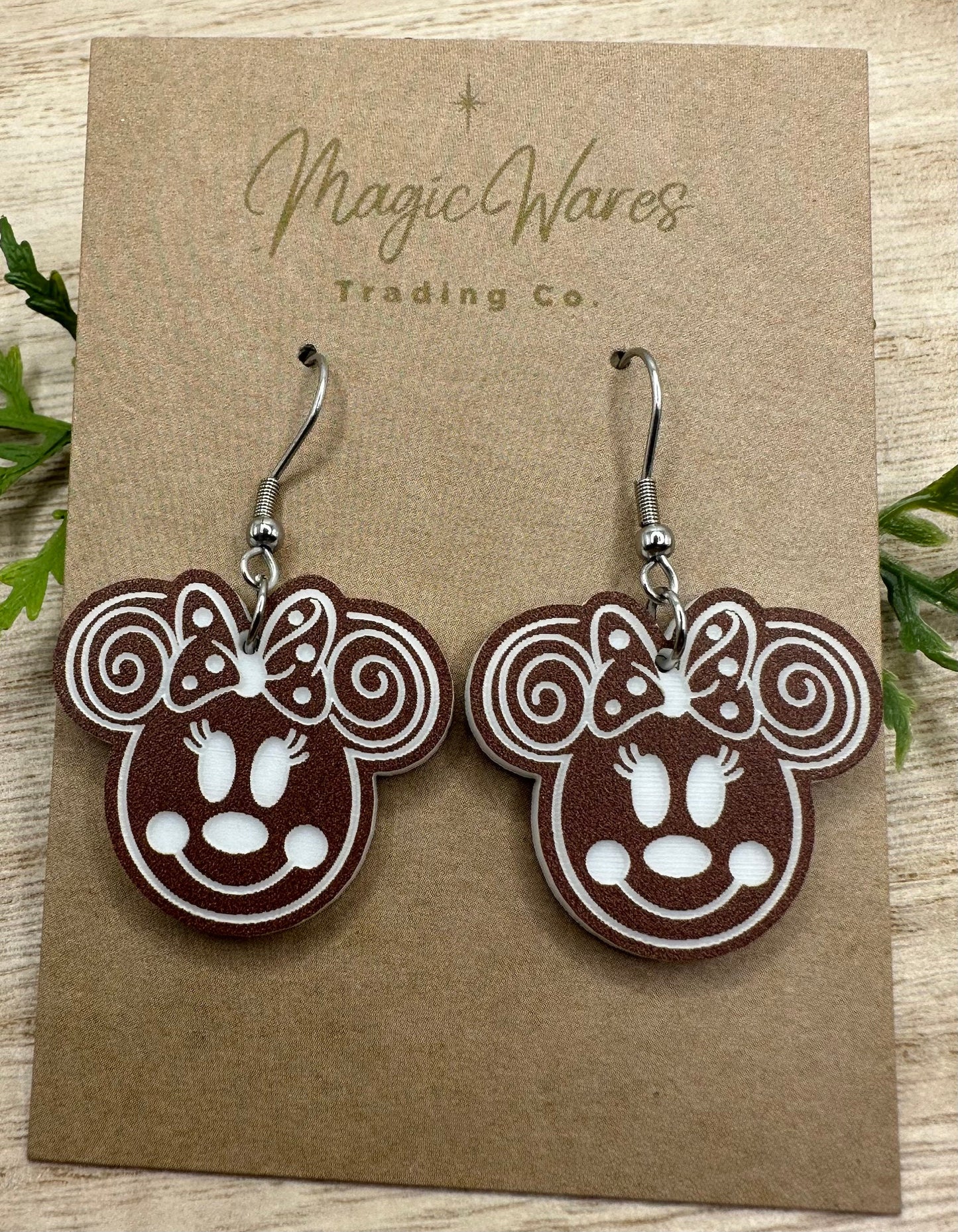 Minnie Gingerbread Laser Cut and Engraved Brown on White Acrylic Earrings, Dangle Earrings Very Merry Christmas Party Gingerbread earrings