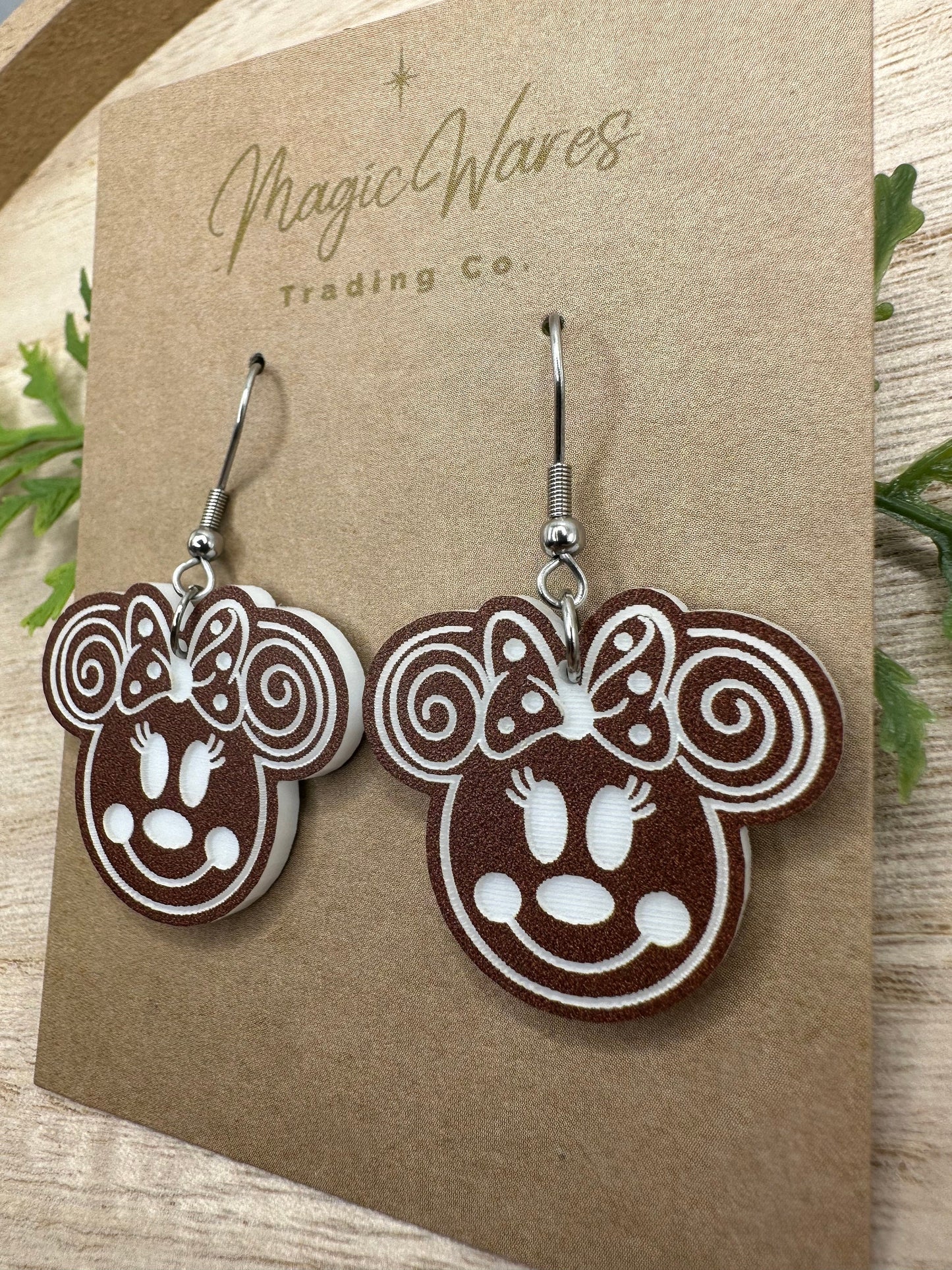 Minnie Gingerbread Laser Cut and Engraved Brown on White Acrylic Earrings, Dangle Earrings Very Merry Christmas Party Gingerbread earrings