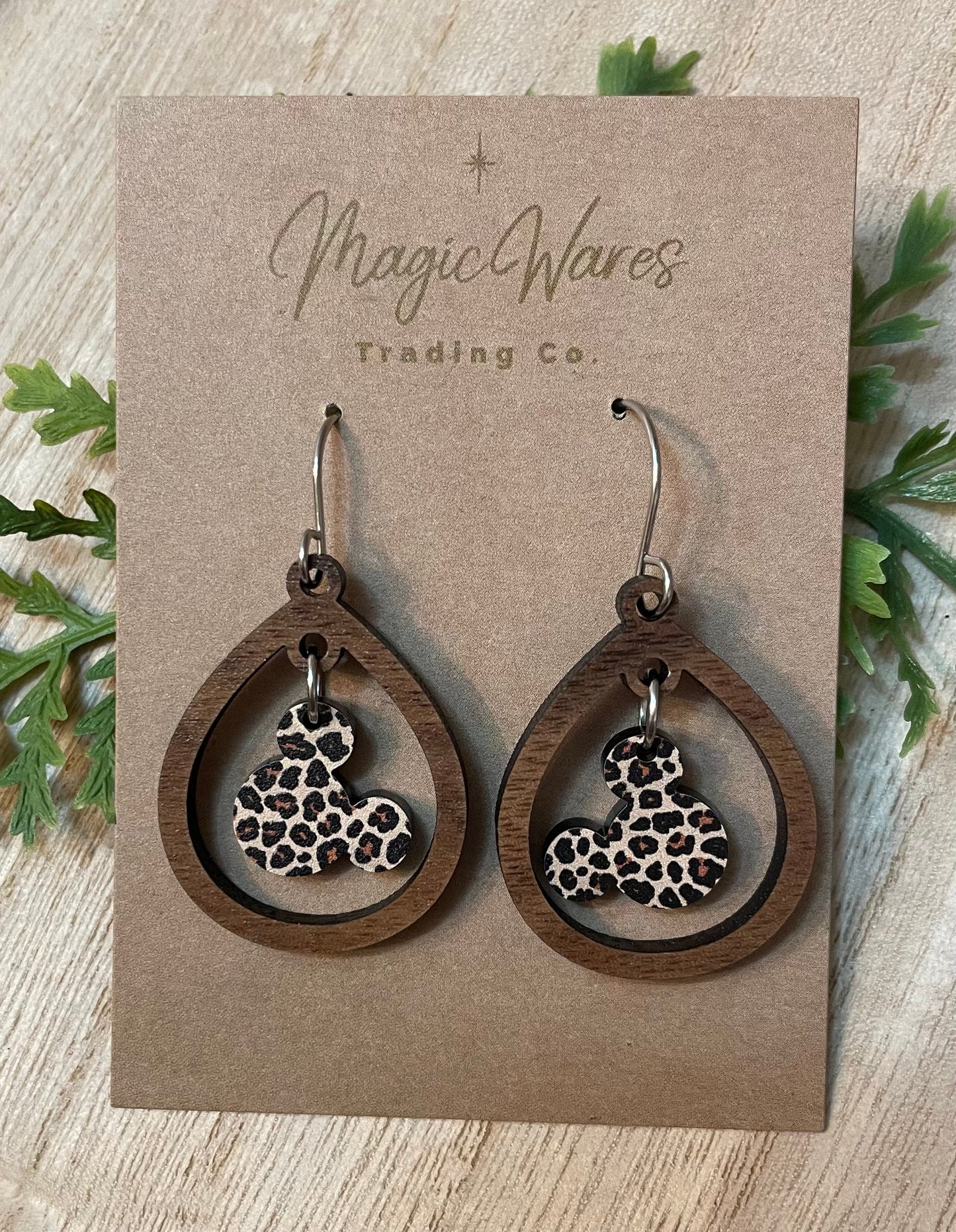 Leopard Mouse, Gem Dangle Earring, Laser Cut Wood Dangle Earrings, Acrylic Gem Dangle, Made to order, Glowforge laser cut