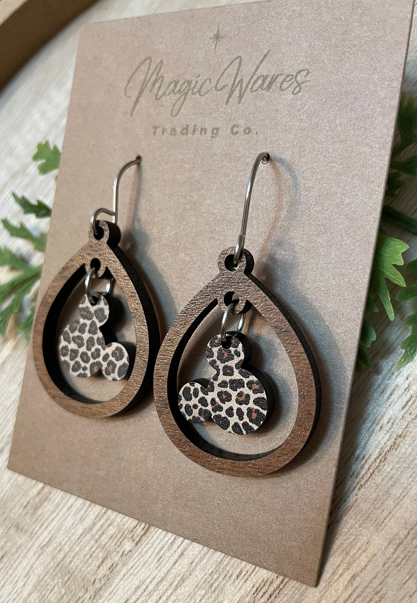 Leopard Mouse, Gem Dangle Earring, Laser Cut Wood Dangle Earrings, Acrylic Gem Dangle, Made to order, Glowforge laser cut