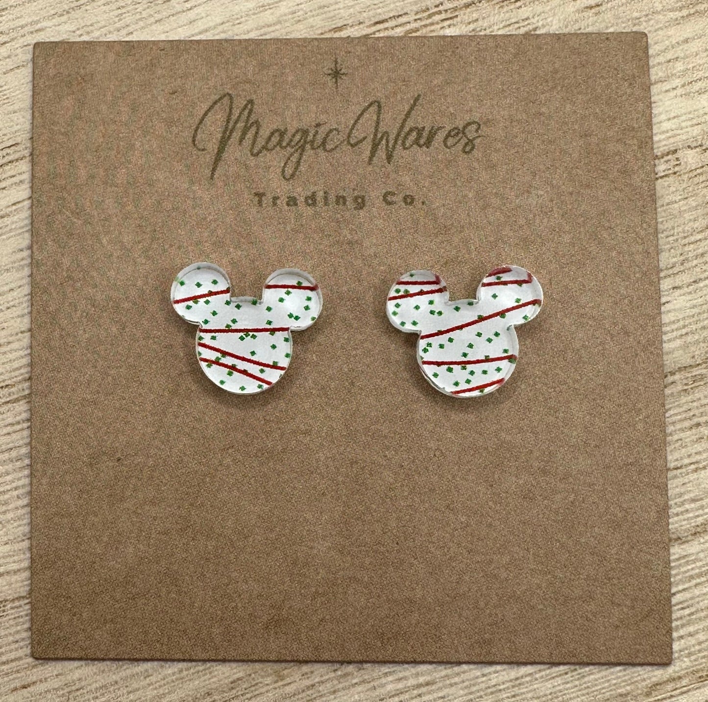 Mouse Snack Cake Stud Laser Cut Snack Cake Pattern Crystal Acrylic, Stainless Steel posts Pierced Earlobe earrings Christmas earrings