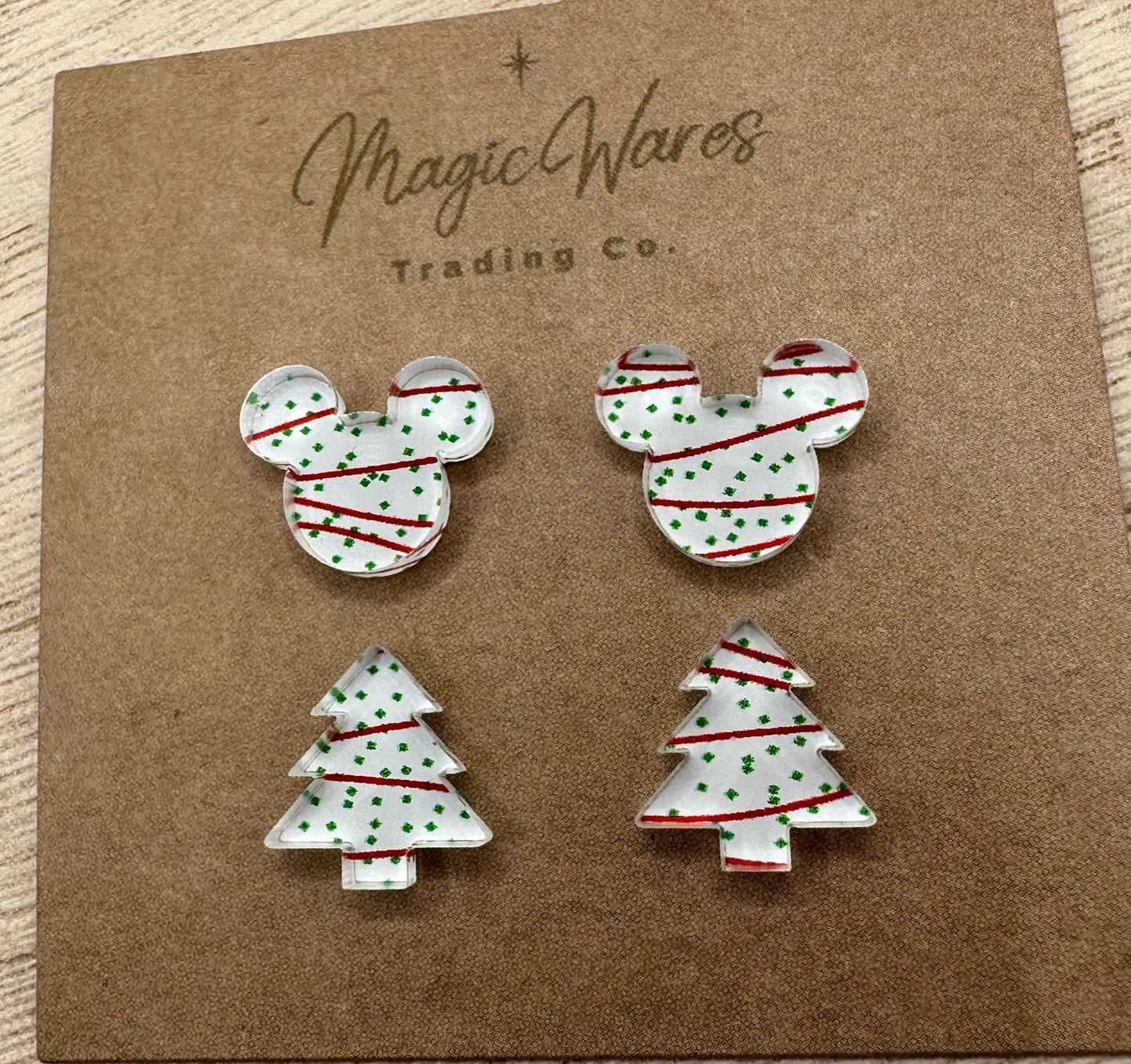 Snack Cake Combo Mouse and Tree shape, Laser Cut Snack Cake Pattern Crystal Acrylic Stainless Steel posts Pierced Earlobe Christmas earrings