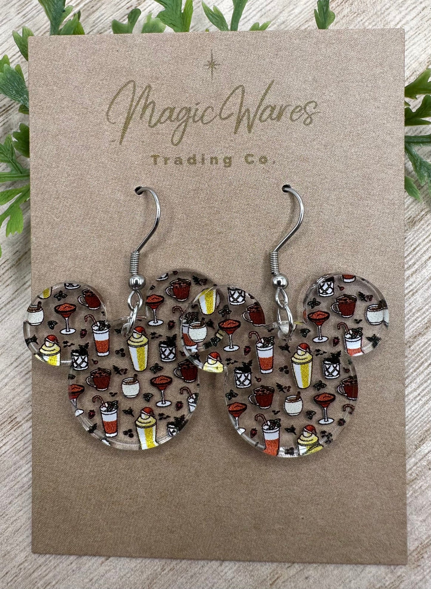 Drink Around The World, Laser Cut Dangle Earring, Christmas Cocktails patterned Crystal Acrylic, Glowforge Earrings
