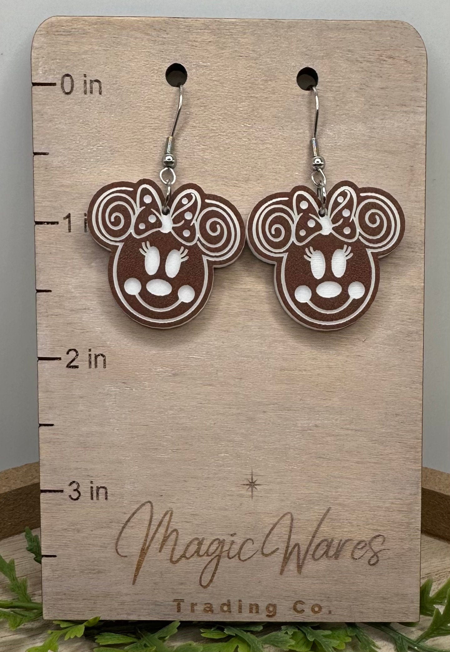 Minnie Gingerbread Laser Cut and Engraved Brown on White Acrylic Earrings, Dangle Earrings Very Merry Christmas Party Gingerbread earrings