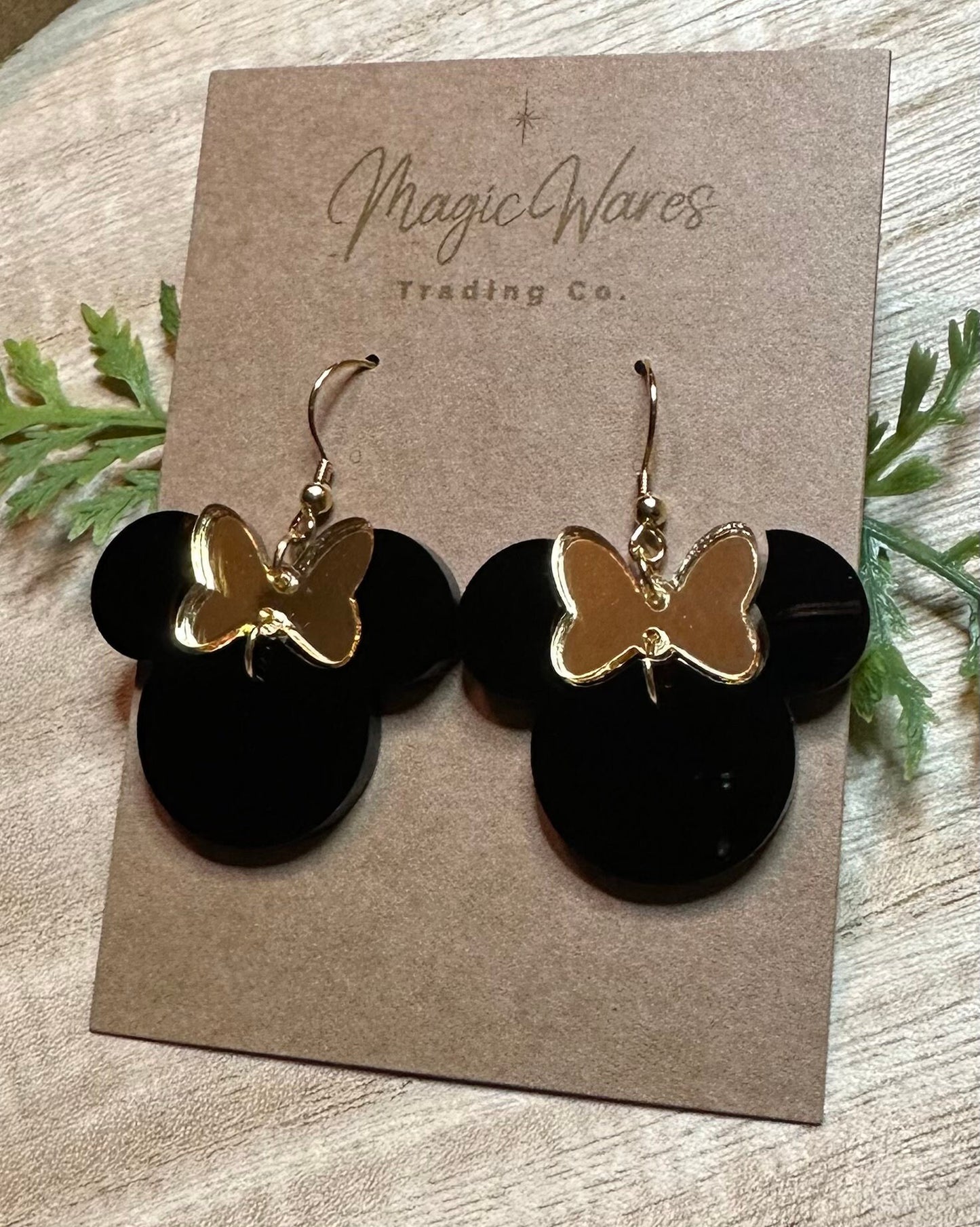 Gold and Black, Gold Mirror Minnie Bow Dangle, Laser cut Pattern Acrylic Earrings, Made to order, handmade earrings, Glowforge Earrings