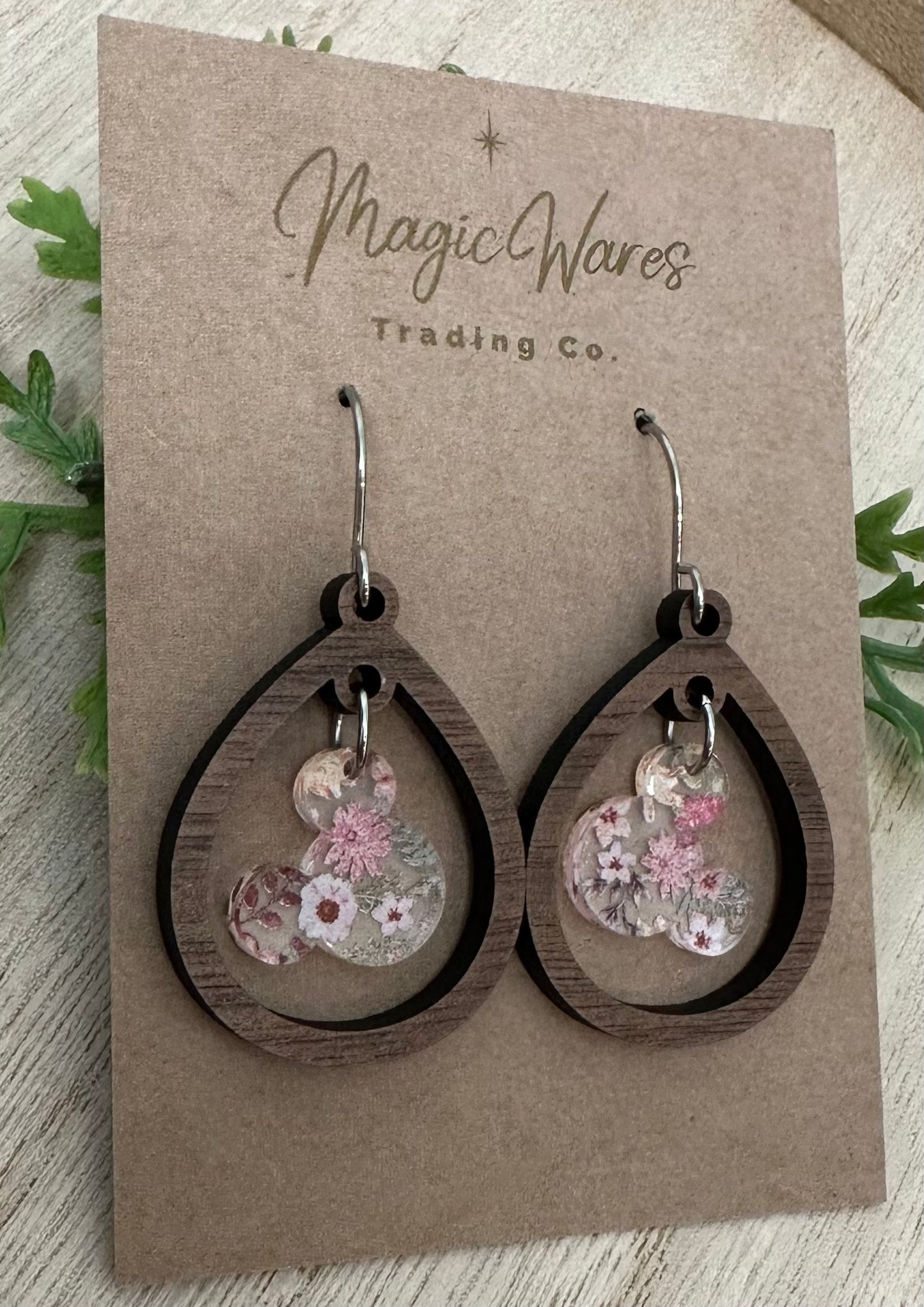 Pink Floral Mouse Gem, Dangle Earring, Laser Cut Wood Dangle Earrings, Acrylic Gem Dangle, Made to order, Glowforge laser cut