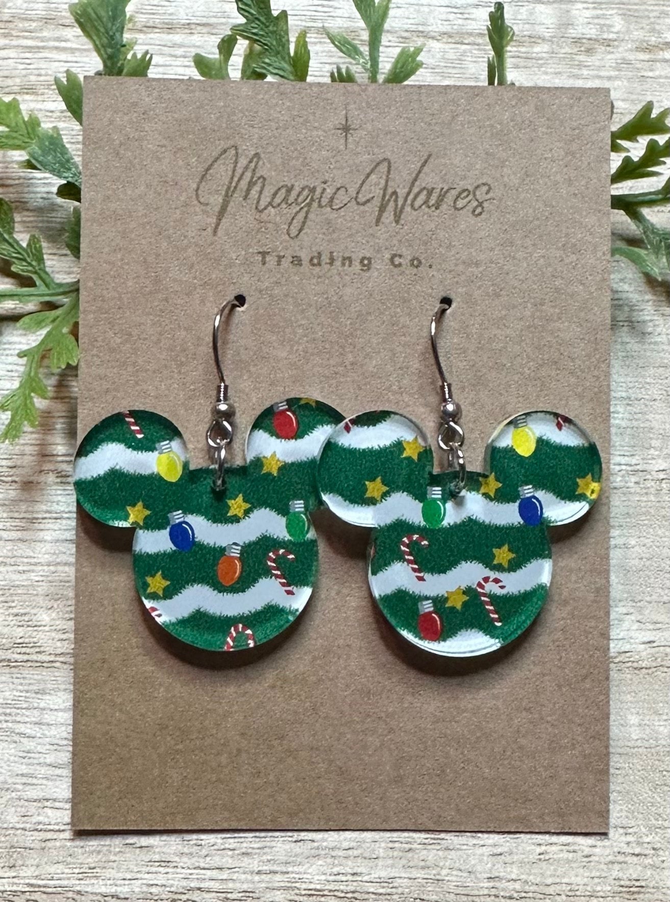 Decorated Tree, Laser Cut Mouse head Green patterned Crystal Acrylic Earrings Very Merry Christmas Party Earrings