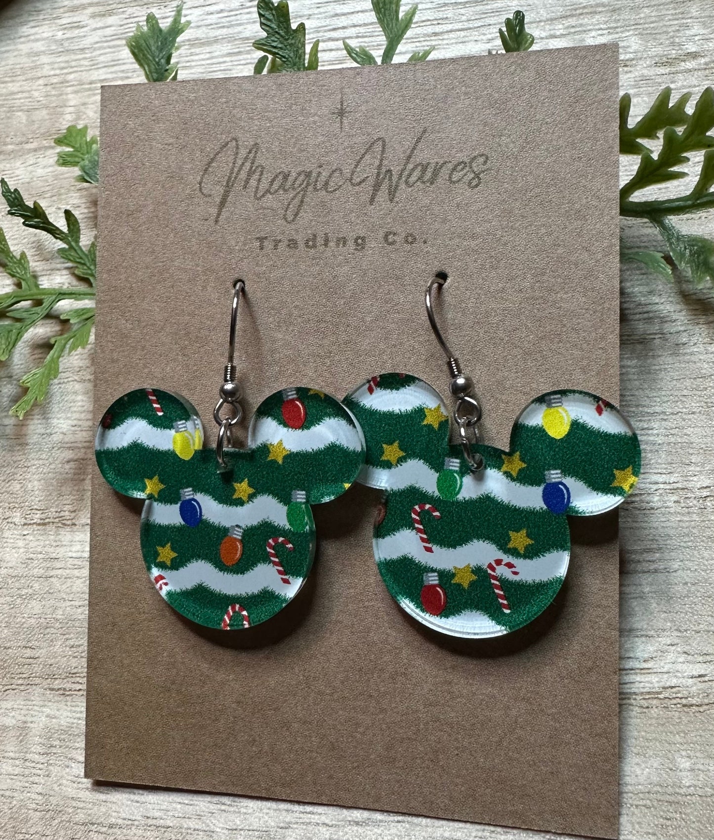 Decorated Tree, Laser Cut Mouse head Green patterned Crystal Acrylic Earrings Very Merry Christmas Party Earrings