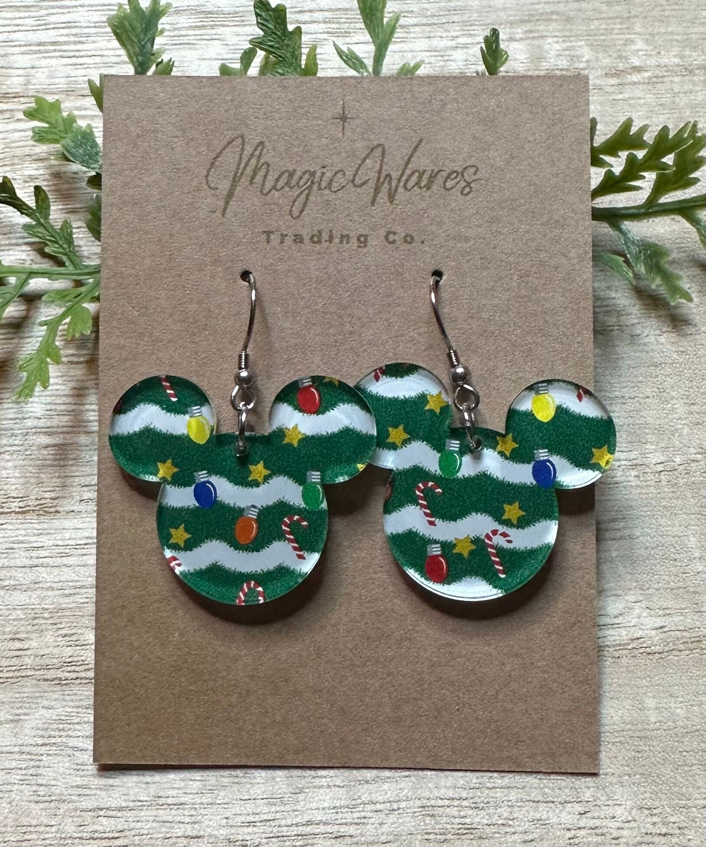 Decorated Tree, Laser Cut Mouse head Green patterned Crystal Acrylic Earrings Very Merry Christmas Party Earrings
