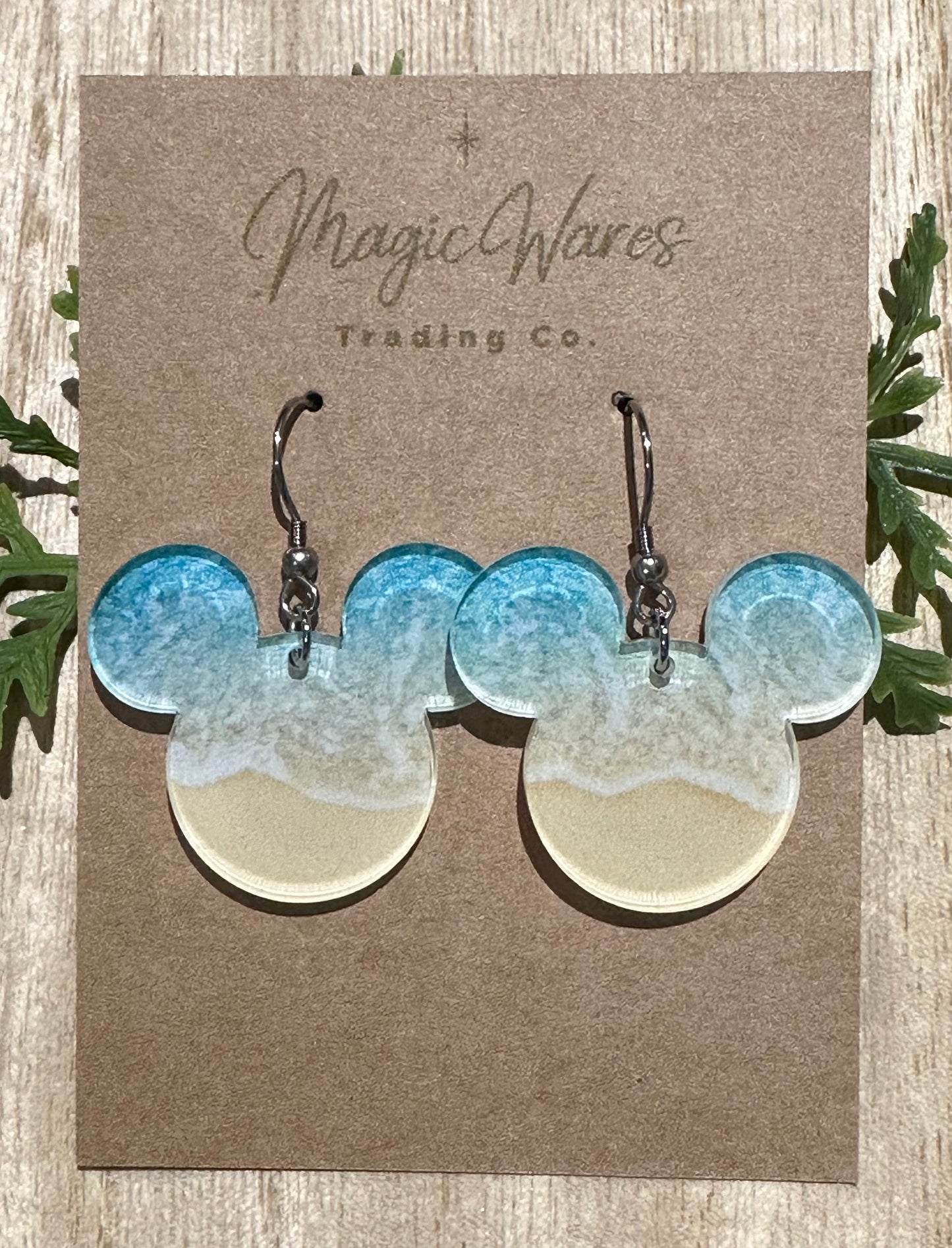 Beach vibes, Mouse head Laser cut Crystal Acrylic Earrings, Made to order, Laser Engraved, Glowforge Earrings