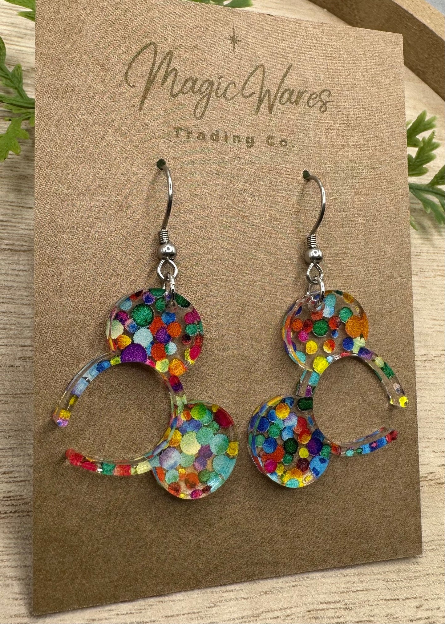 Adventure Mouse, Mouse ears headband, Laser cut Rainbow dot patterned Acrylic Earrings, Made to order, Glowforge Earrings