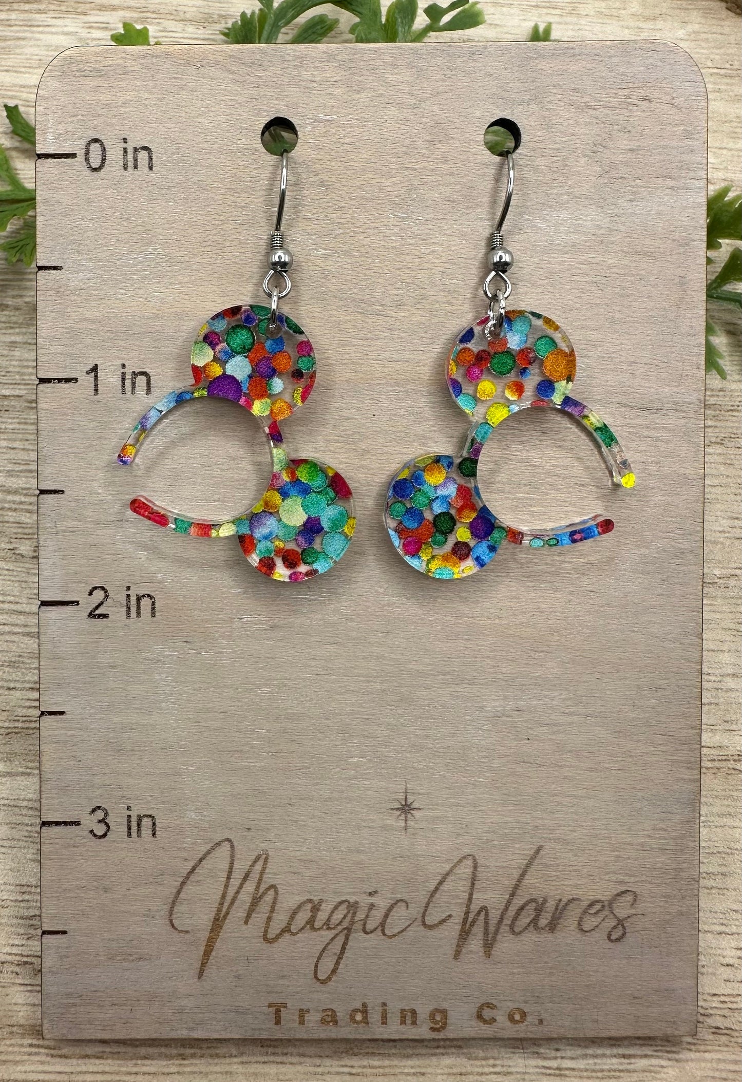 Adventure Mouse, Mouse ears headband, Laser cut Rainbow dot patterned Acrylic Earrings, Made to order, Glowforge Earrings