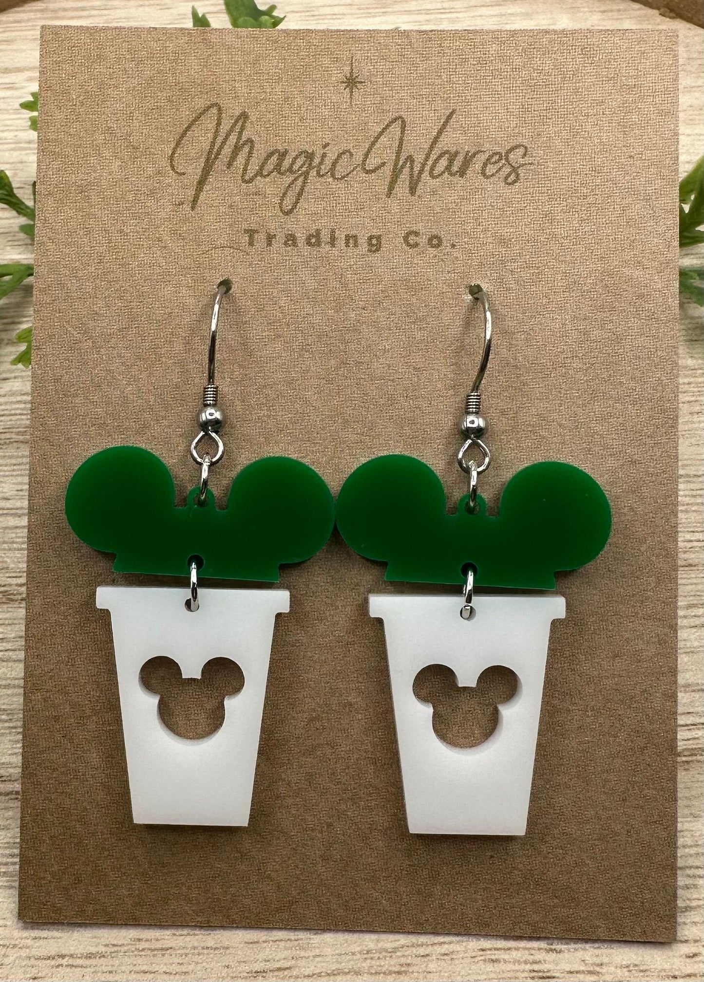 Main Street Coffee, Mouse ears Coffee cup, Laser cut Green and White Acrylic Earrings, Made to order, Glowforge Earrings